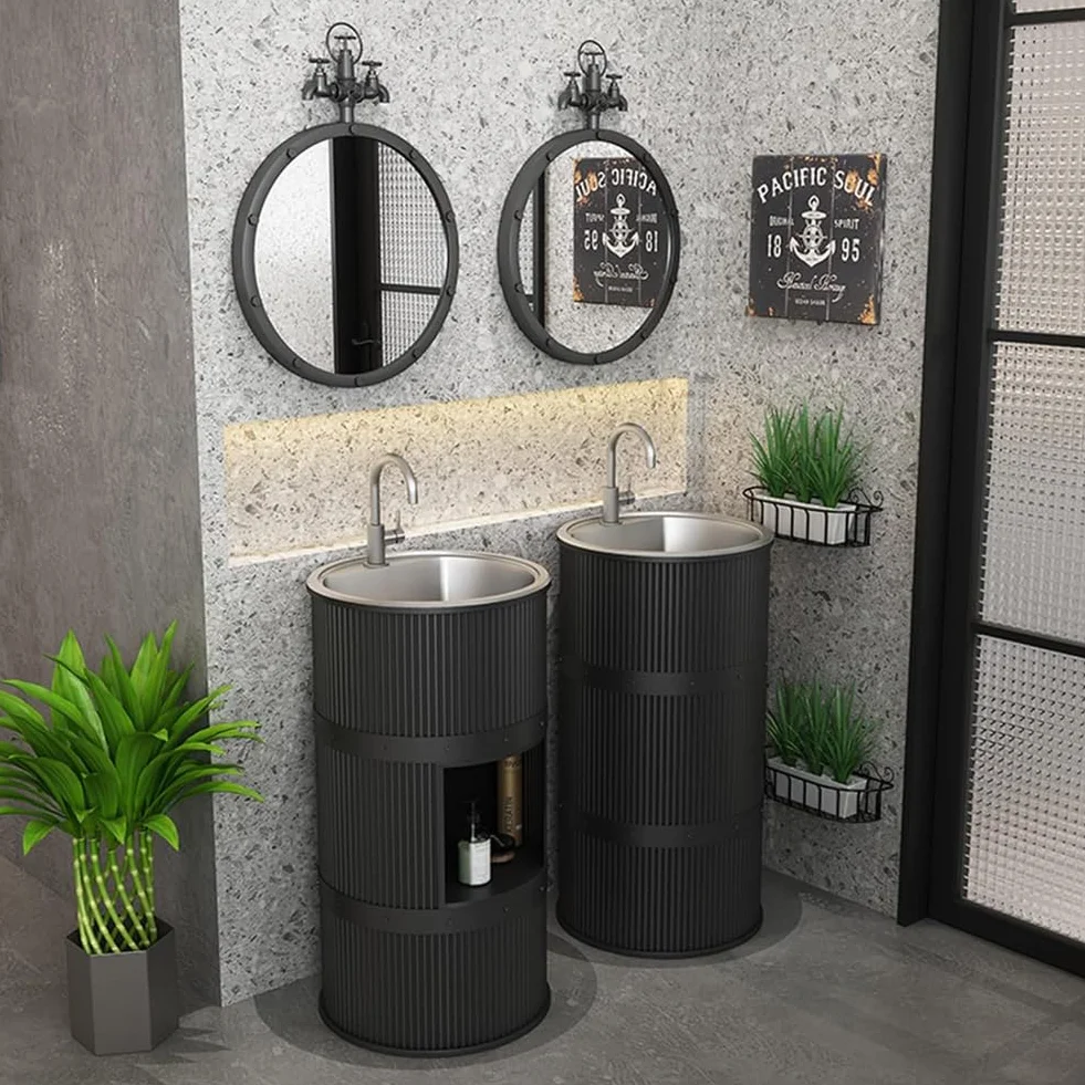 ZTGL Mobile da Bagno con Lavabo in Acciaio Inox, Lavandino a Colonna in Ferro Battuto Stile Industriale Mobile da Bagno, Lavandino su Piedistallo con Rubinetto e Scarico,Argento