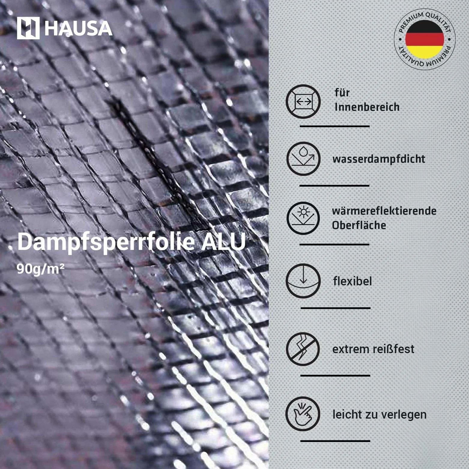 HAUSA Pellicola protettiva anti-condensa ALU 150m² (2x1,5mx50m) Binario di blocco vapore in alluminio per tetto, soppalco, parete, soffitto, rafforzata con fibra di vetro, extra resistente alla