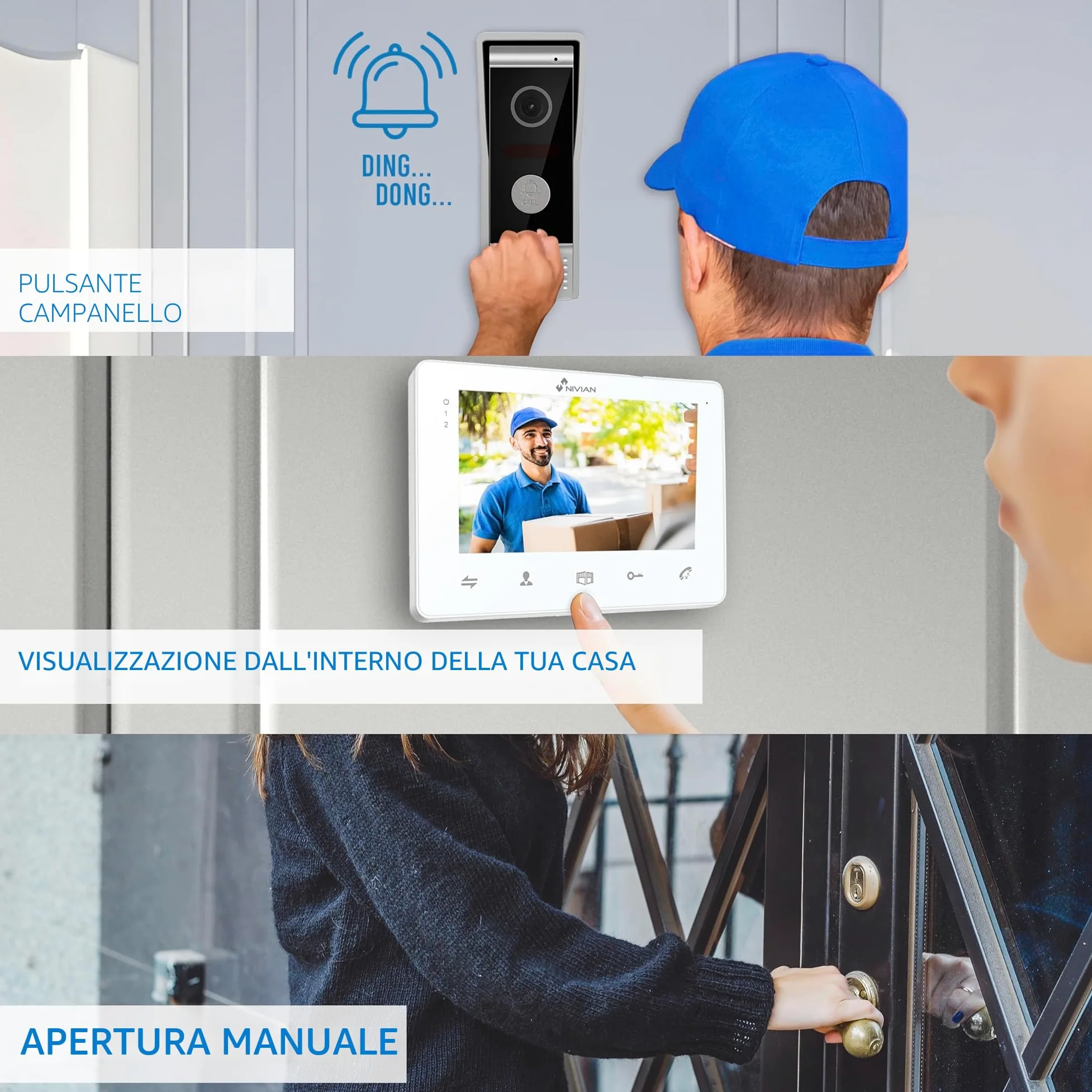 NIVIAN Videocitofono 2 Fili Analogico con Monitor 7" HQ Schermo Interno con Audio Bidirezionale | Piastra Esterna IP65 Antivandalica con Visione Notturna, Apriporte Elettrico. Smart Security