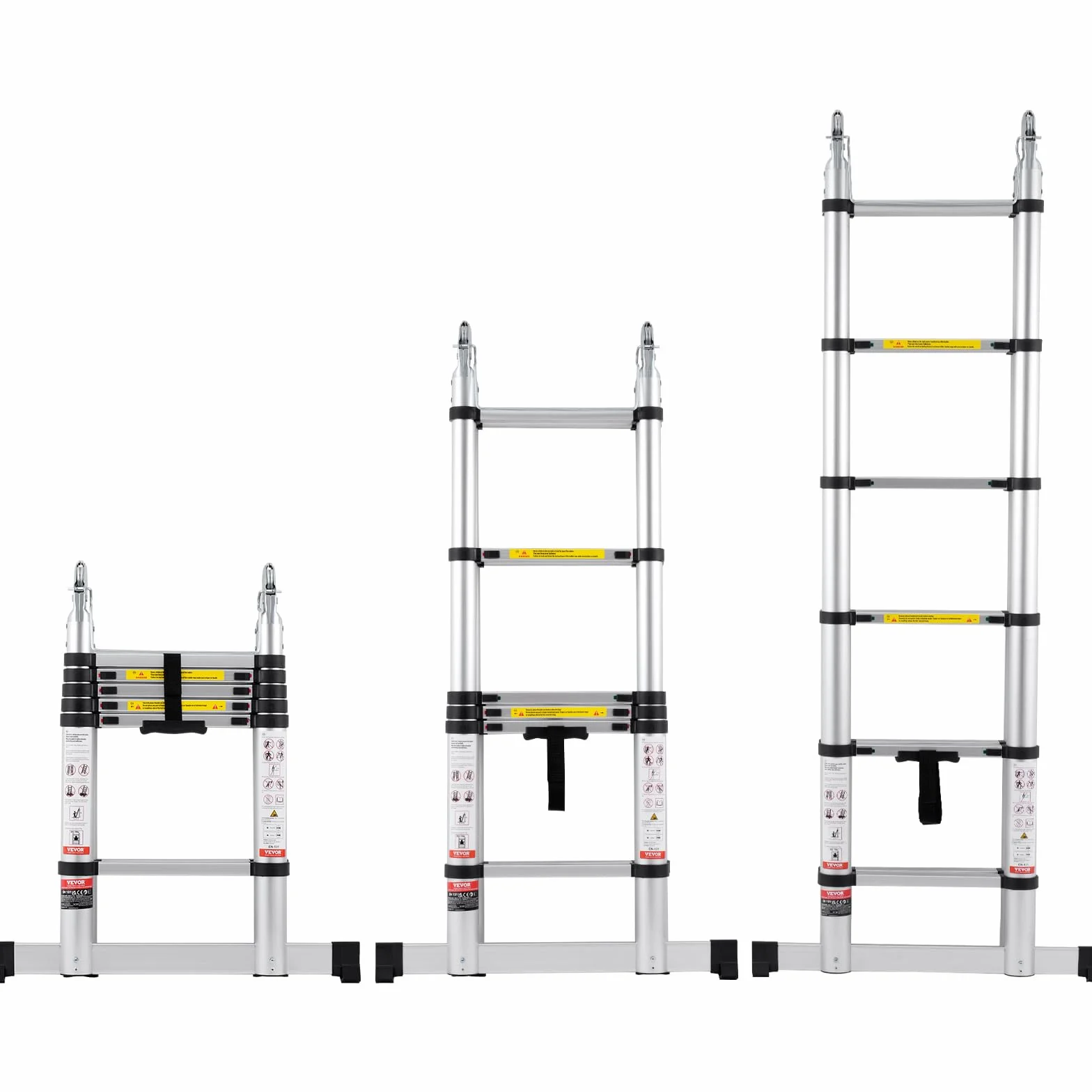 VEVOR Scala Telescopica a Forma di A da 3810 mm Scala Estensibile in Alluminio, Capacità di 170 kg Scala Pieghevole con Retrazione Multi-pulsante, con Barra Stabilizzatrice, per Camper, Roulotte