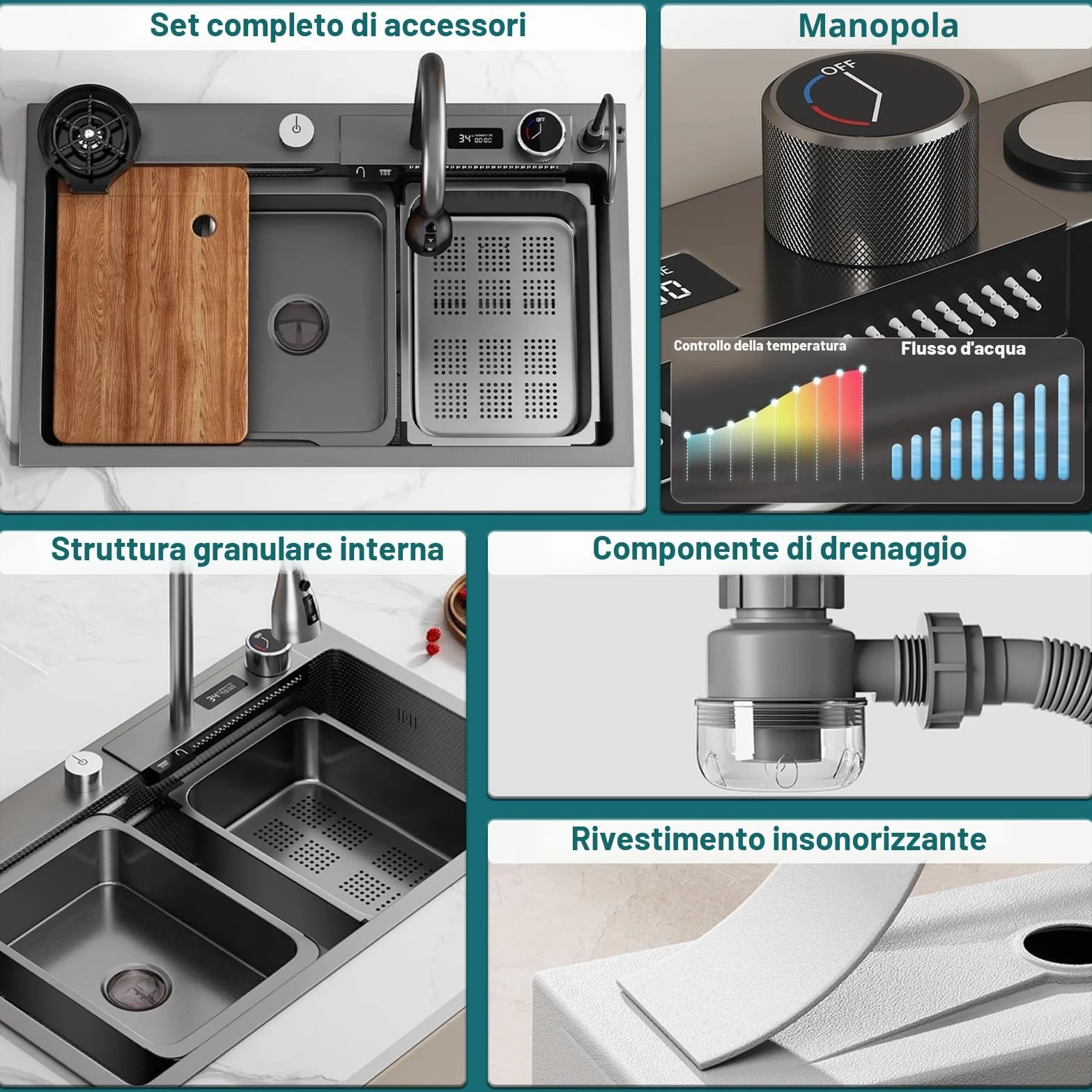 Lavandino Cucina Nero Antracite 85 x 50 cm,Lavello Cucina 1 vasca con LED rubinetto estraibile,Multifunzione Cucina in acciaio inox,Lavabo Cucina con Sifone Antiodore e Kit Scarico Completo