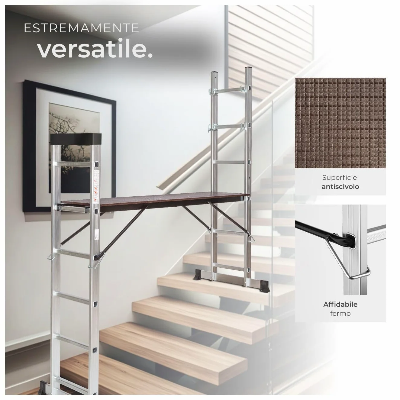 tectake® Scala Alluminio 4 in 1 Multifunzione con Piattaforma da Lavoro, Ponteggio da Lavoro con Ruote, Scala in Alluminio Pieghevole, Trabattello da Lavoro