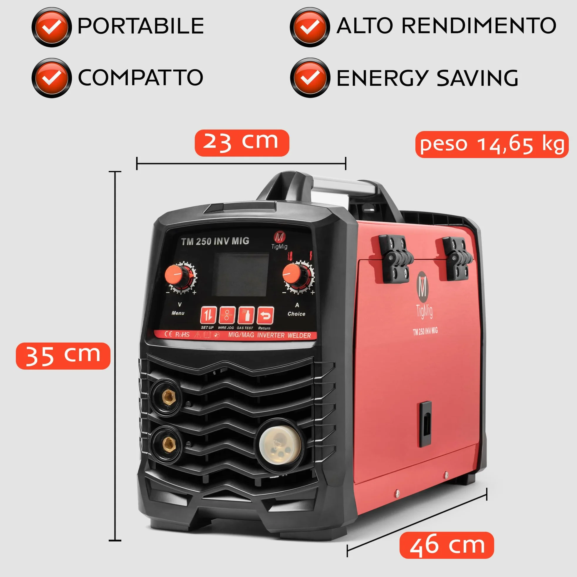 TIGMIG Saldatrice Inverter MIG/MAG (Con o Senza Gas) + FLUX (Filo animato) + MMA, Fino a 200A, Modello TM250INVMIG, Inverter IGBT, Accessori inclusi, Garanzia e Assistenza Italia