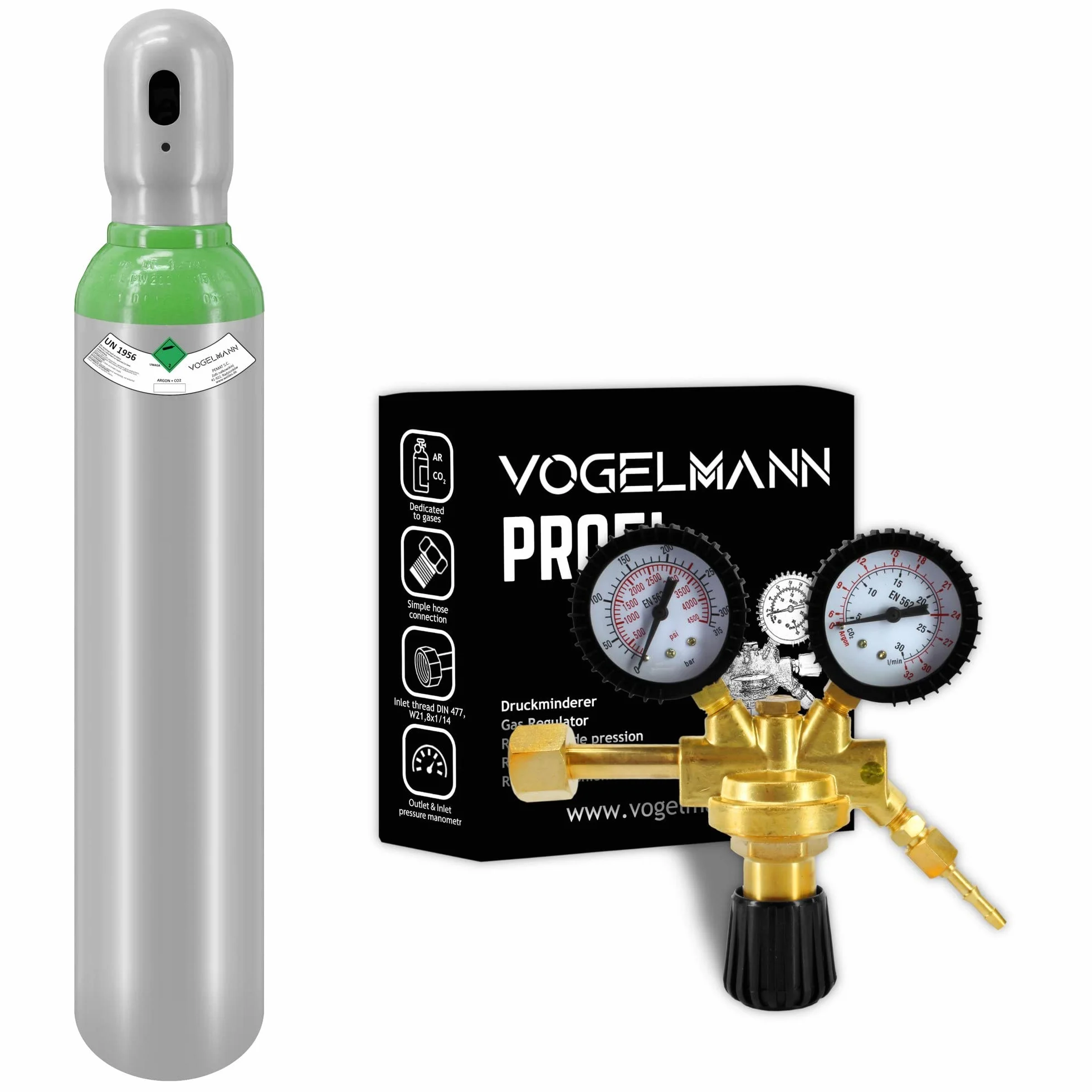 Bombola piena Argon/CO2 8L 1,5m3 con Regolatore Profi Vogelmann, Cilinder del Gas per Saldatura, Bombola di Gas di Saldatura