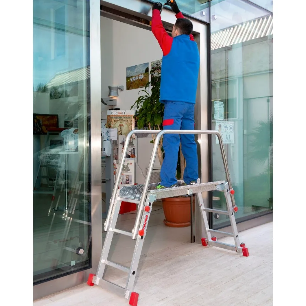 Faraone SGS3 Pedana di Lavoro Professionale in Alluminio a 3 Gradini – Pieghevole con Parapetto, Ruote e Stabilizzatori
