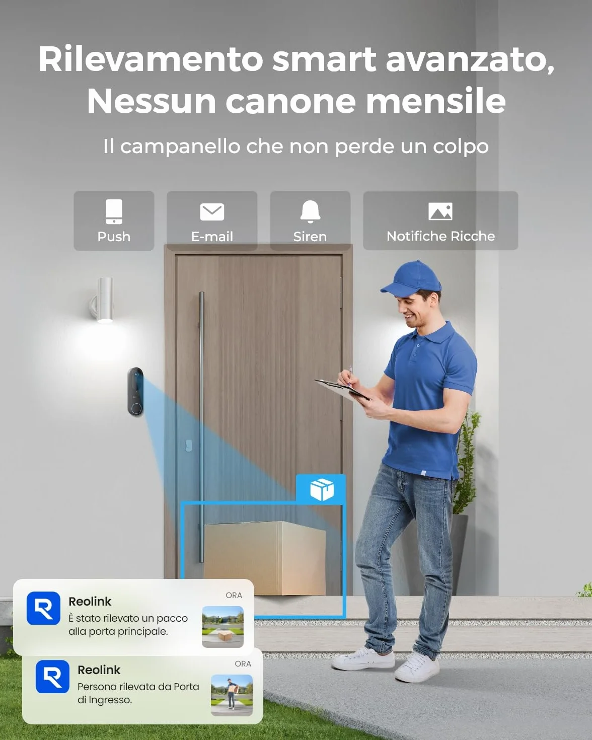 Reolink Doorbell Camera a batteria, Video Doorbell Camera di sicurezza 2K, Visuale 150°x150°, WiFi 2,4/5 GHz, a batteria o via cavo, Audio bidirezionale, Persone/Veicoli/Pacchi (Chime non incluso)