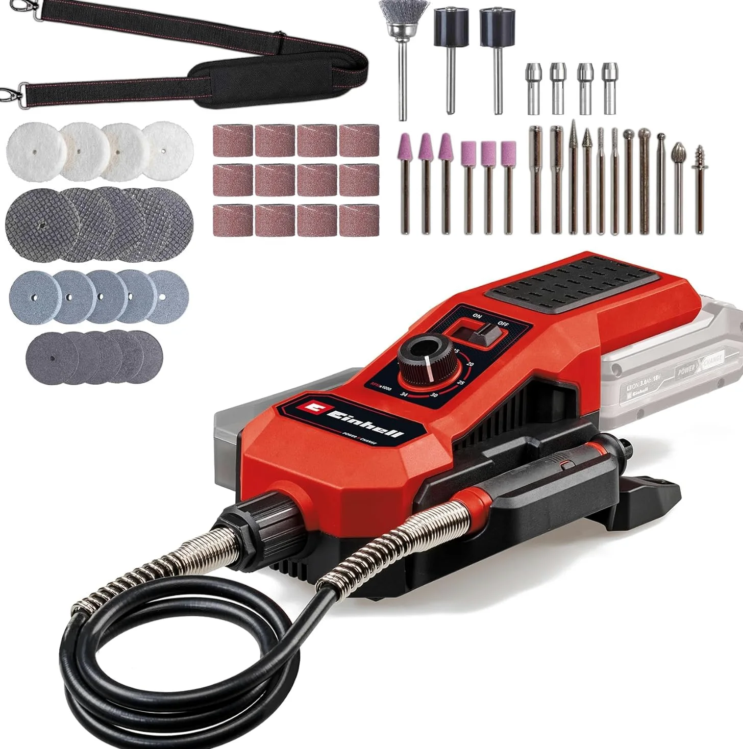 Apparecchio di rettifica/incisione a batteria Einhell TE-MT 18/34 Li Solo Power X-Change (18 V, albero 92 cm con perno per incisione, regolazione giri, incl.set accessori di 55 pz., senza batteria)