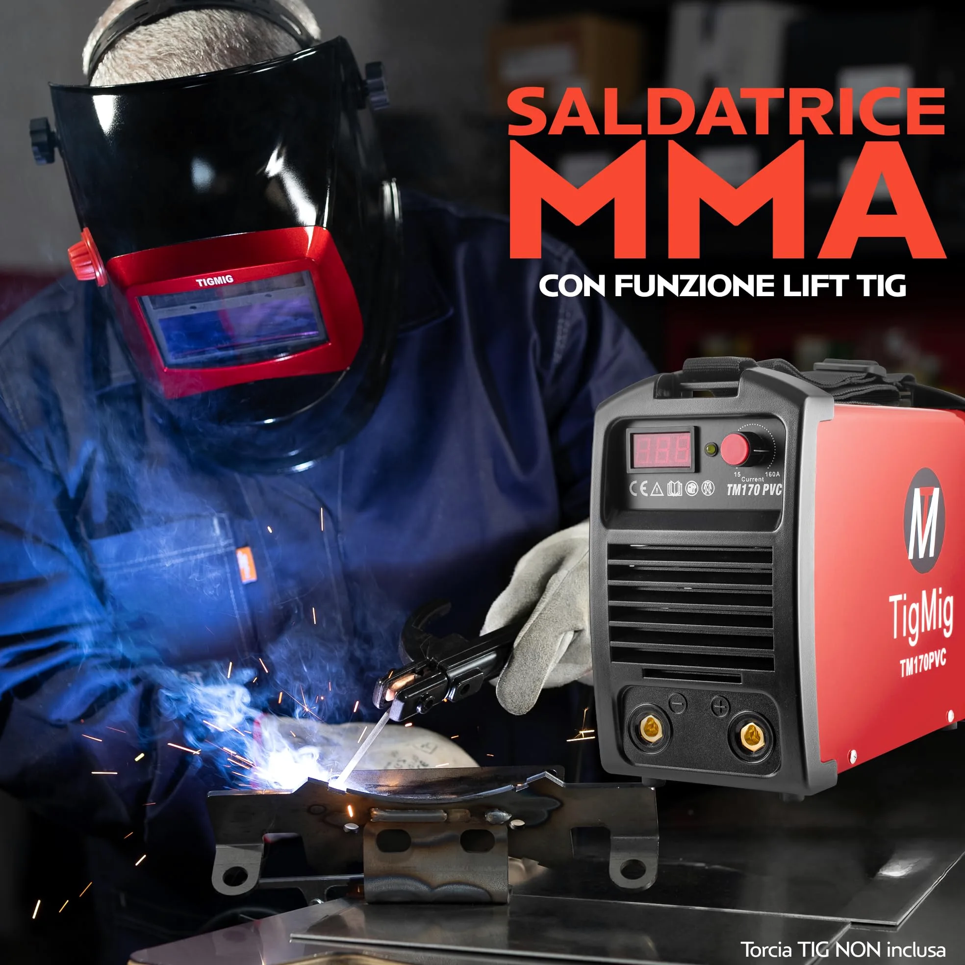 TIGMIG Saldatrice Inverter MMA (Elettrodo), Fino a 160 A, Modello TM170PVC, Con Funzione LIFT TIG, Con Valigetta In PVC Per Trasporto, Accessori Inclusi, Garanzia e Assistenza ITALIA