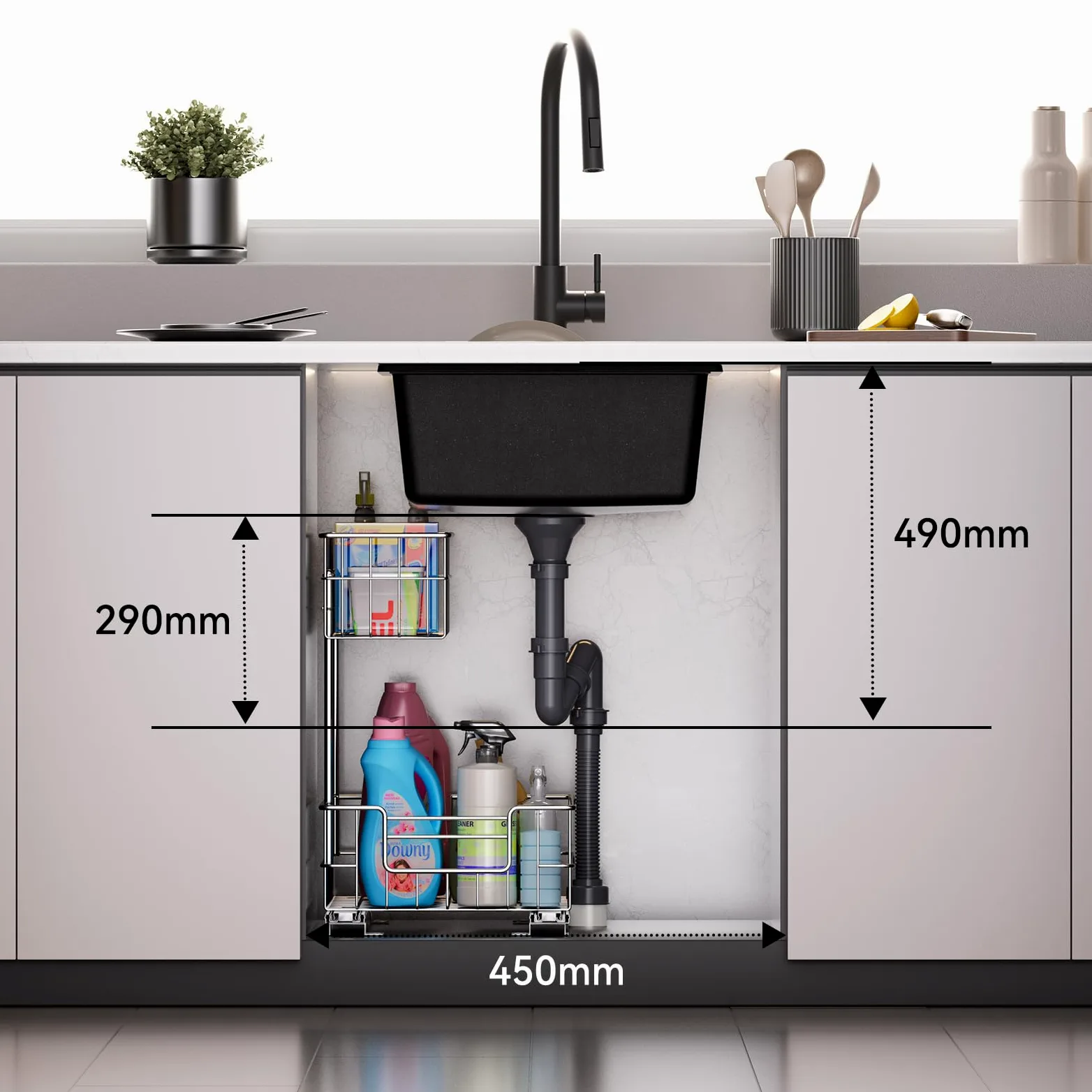 Auralum Lavandino Cucina 45 x 44 cm, Lavello Cucina 1 Vasca, Lavabo Nero in Granito con Sifone Classico e troppopieno, Adatto a Mobili Oltre 45cm