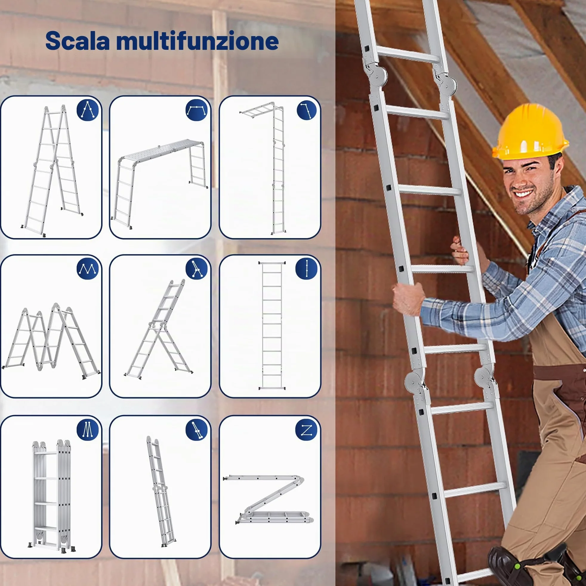 UISEBRT - Scala multiuso pieghevole 4 x 3 in alluminio con piattaforma, 6 in 1, 340 cm, fino a 150 kg, colore: argento