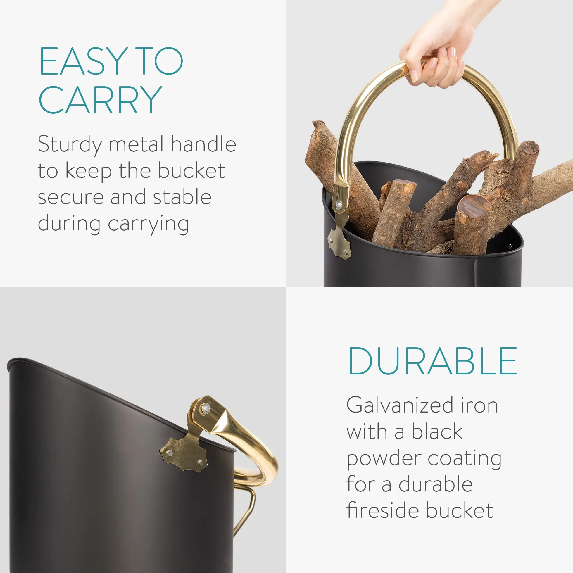 Navaris Secchio Raccogli Cenere con Paletta - Secchio Raccolta Cenere Camino Carbone Grill Barbecue - Set Raccolta Cenere da Camino - Ferro - Nero Oro