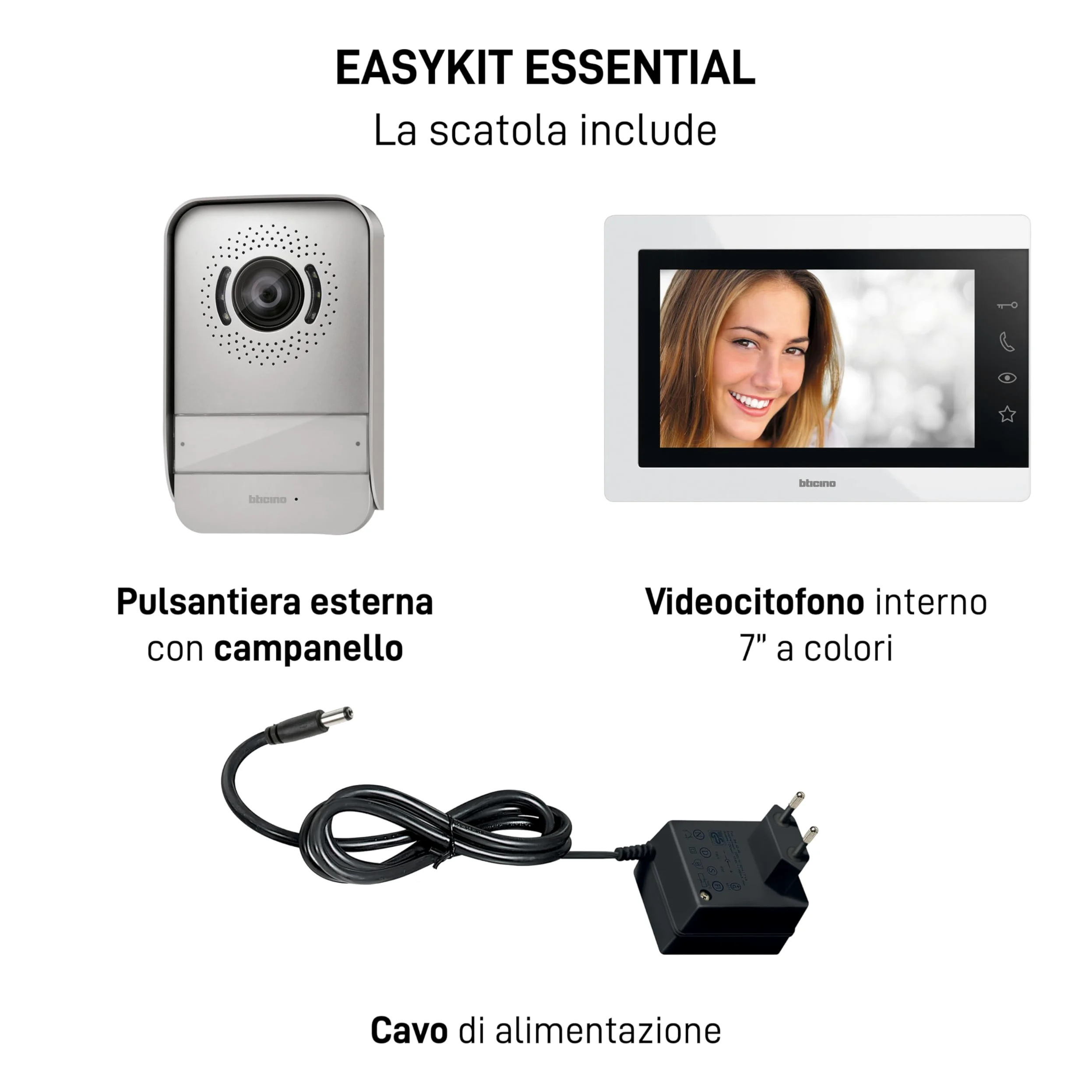 BTICINO 317913 Videocitofono Easykit Essential, Kit Monofamiliare Espandibile, Plug-In 2 Fili, Monitor 7" a Colori, Vivavoce, Visione Notturna, Audio Bidirezionale, Pulsantiera Esterna con Telecamera