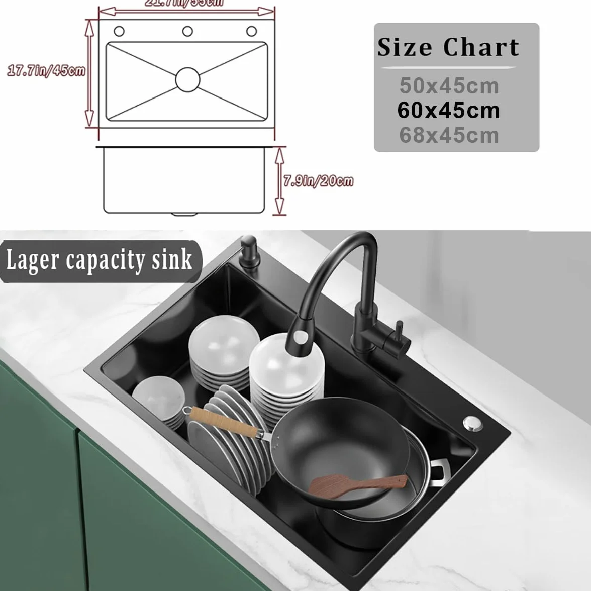Lavandino Cucina Nero 60 x 45 cm, Lavello Cucina 1 Vasca in Acciaio Inox, Lavello Sottotop o Sopratop Con Rubinetto Estraibile/Dispenser Sapone/Scolapiatti/Rubinetto Acqua Depurata (Nero, 60x45cm)
