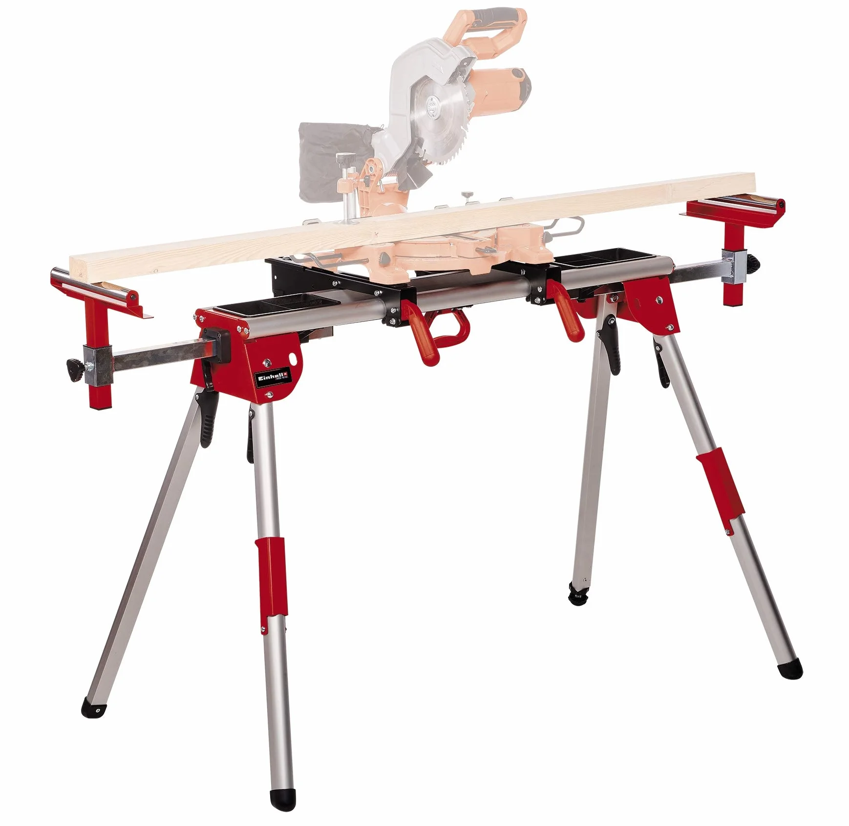 Originale Einhell MSS 1610 Banchetto universale estensibile per troncatrici (in alluminio, alt. 85 cm, lungh. Max 161 cm, max 100 kg, vano porta utensili, regolaz. piedini, rulli di scorrimento)