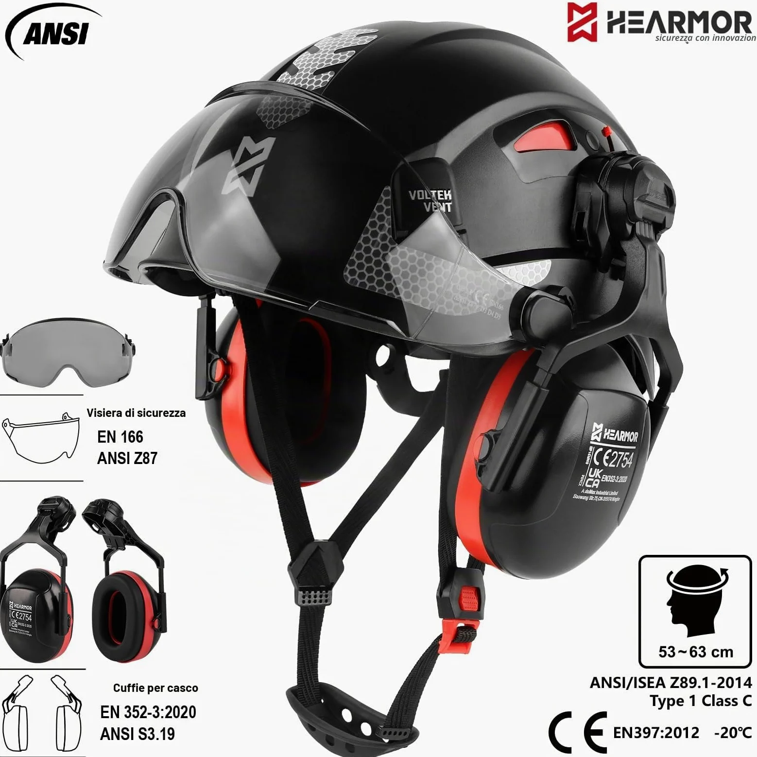 HEARMOR Casco protettivo 3 in 1 con protezione dell'udito e visiera, casco da lavoro certificato EN 397 per lavori di foresta, costruzione e arrampicata, con tasca portatile e inserto rinfrescante per