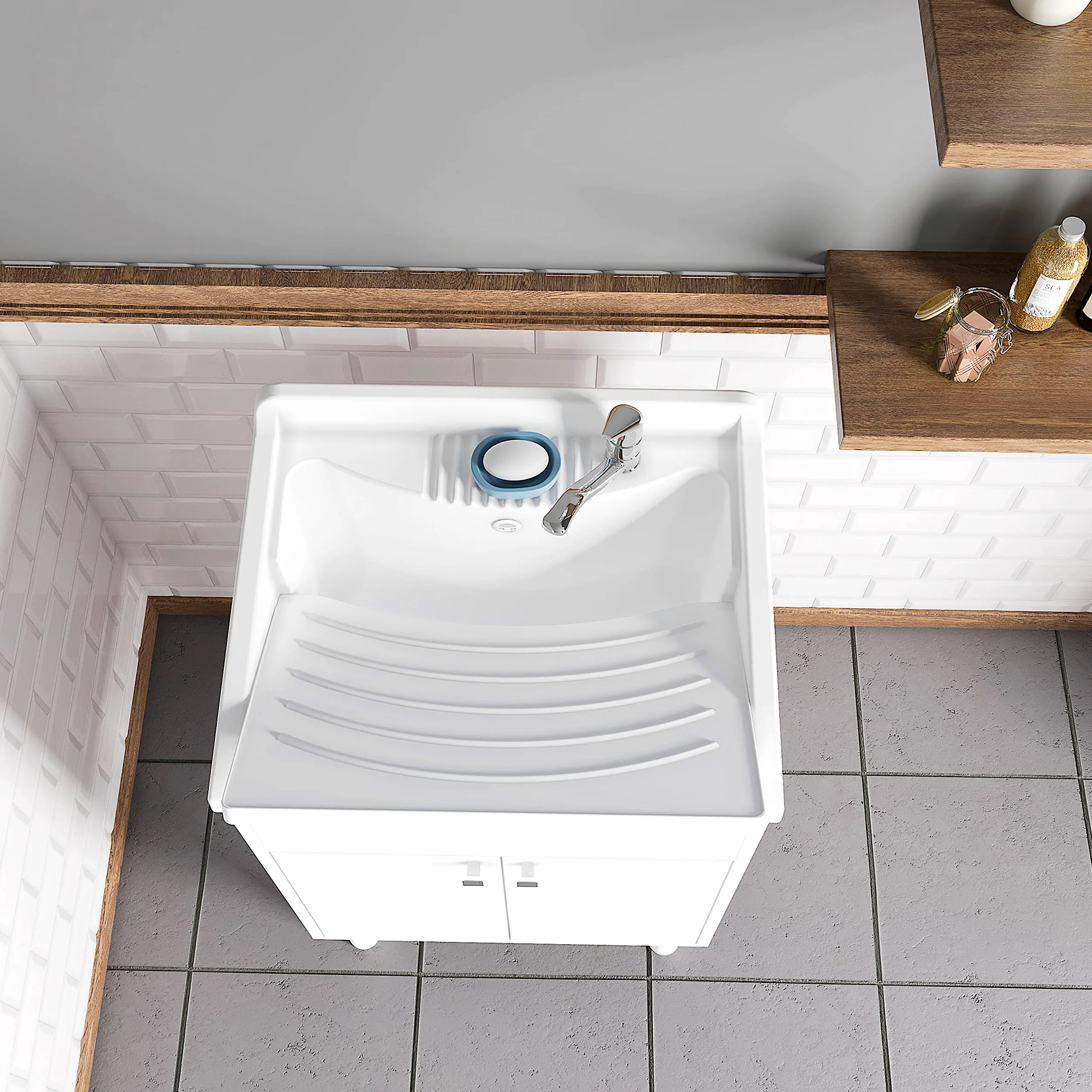 Negrari Lavatoio Lavapanni in resina, Resistente agli acidi di uso comune, Resistente all'umidità, Kit di scarico incluso, Interno e Esterno, L60 x P50 x H85 cm, Bianco