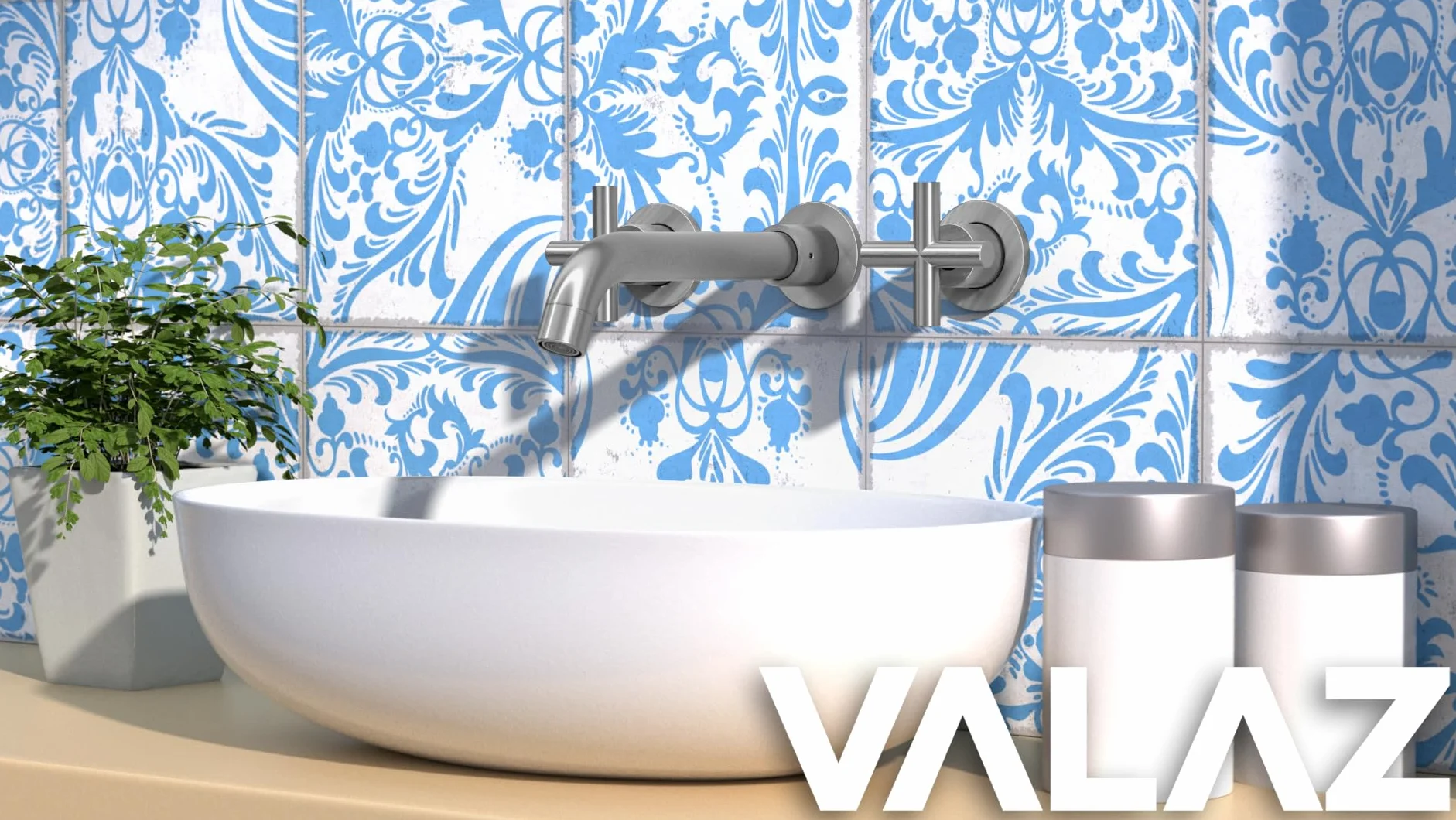 VALAZ Rubinetto Bagno Lavabo a Muro Acciaio Spazzolato Protezione PVD | Rubinetto lavabo a Due Maniglie Acqua Fredda e Calda | Installazione Facile | Ottone, Inossidabile, Becco 21cm, Serie Nalon