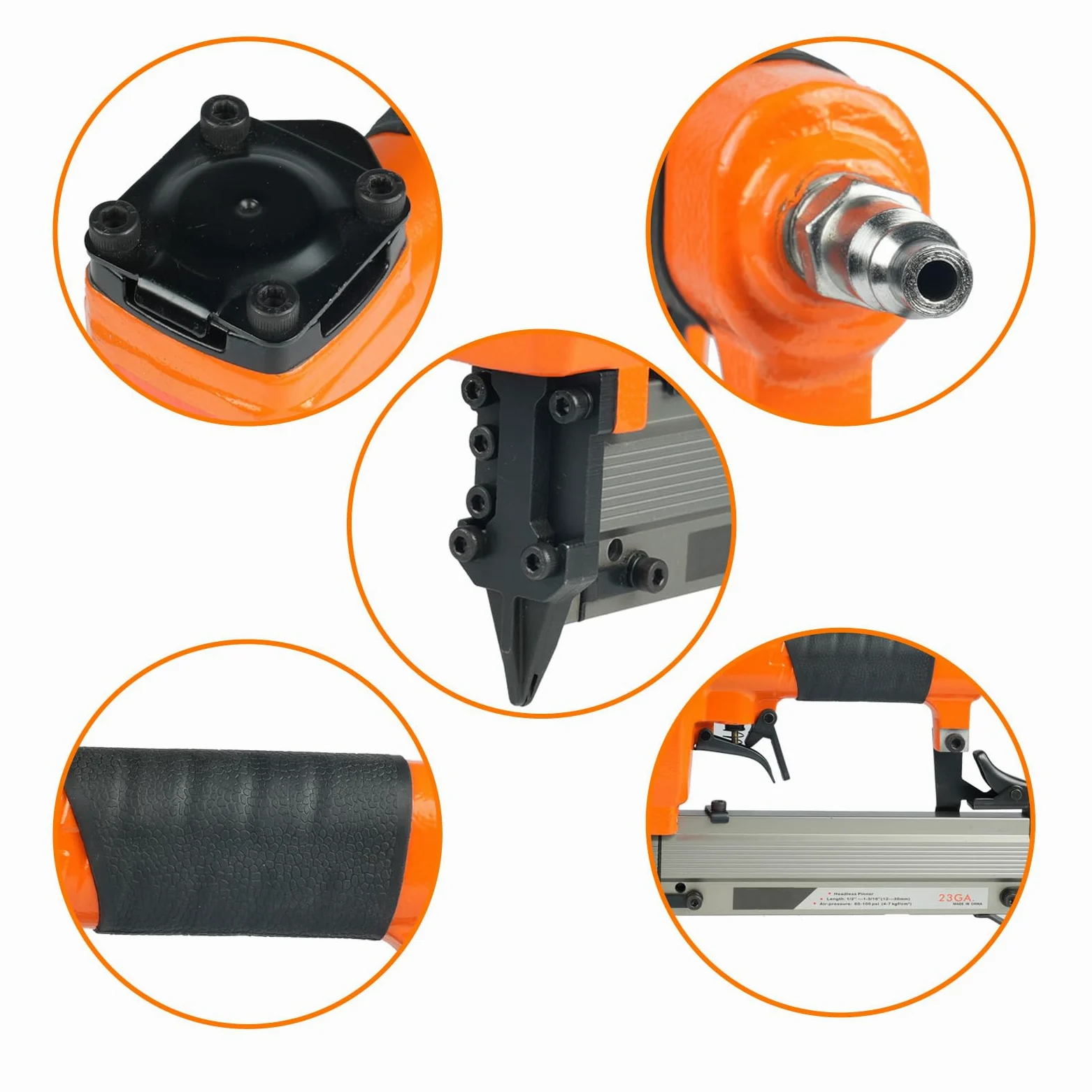 Chiodatrice pneumatica senza testa calibro 23 con grilletto di sicurezza, chiodatrice a spillo, compatibile con perni senza testa da 12-30 mm, pistola ad aria per tappezzeria, mobili, fai da te, ecc.