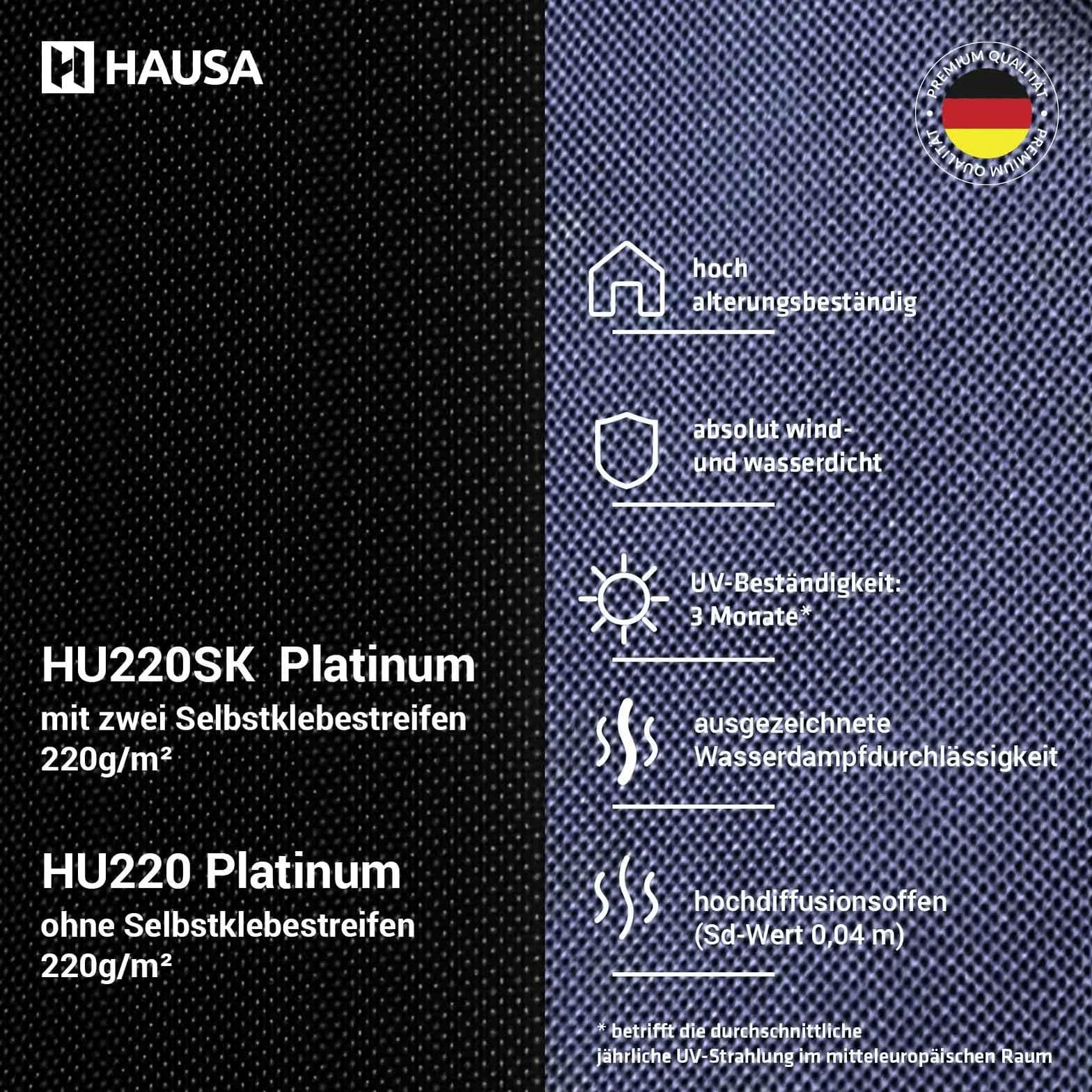 HAUSA Pannello sottostruttura Platinum HU220SK, 220 g/m², 75 m² (1,5 mx50 m), pellicola per tetti Platinum HU220SK, con 2 strisce adesive ad alta diffusione, impermeabile, resistente agli urti