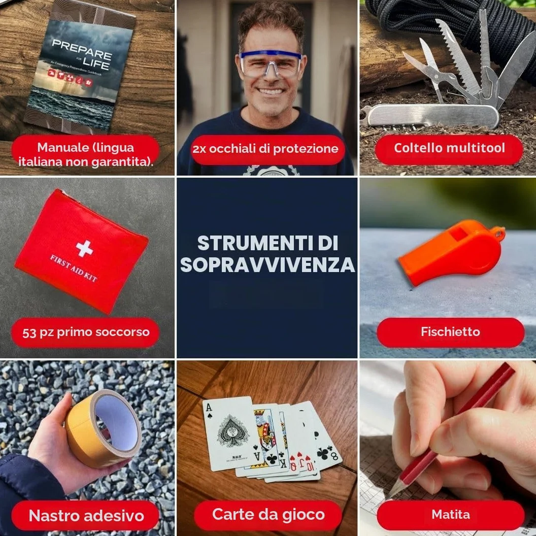 Essentials Kit di sopravvivenza completo Deluxe per 2 e 4 persone, Bug-Out-Bag, kit di emergenza per incendi, uragani e altri disastri naturali