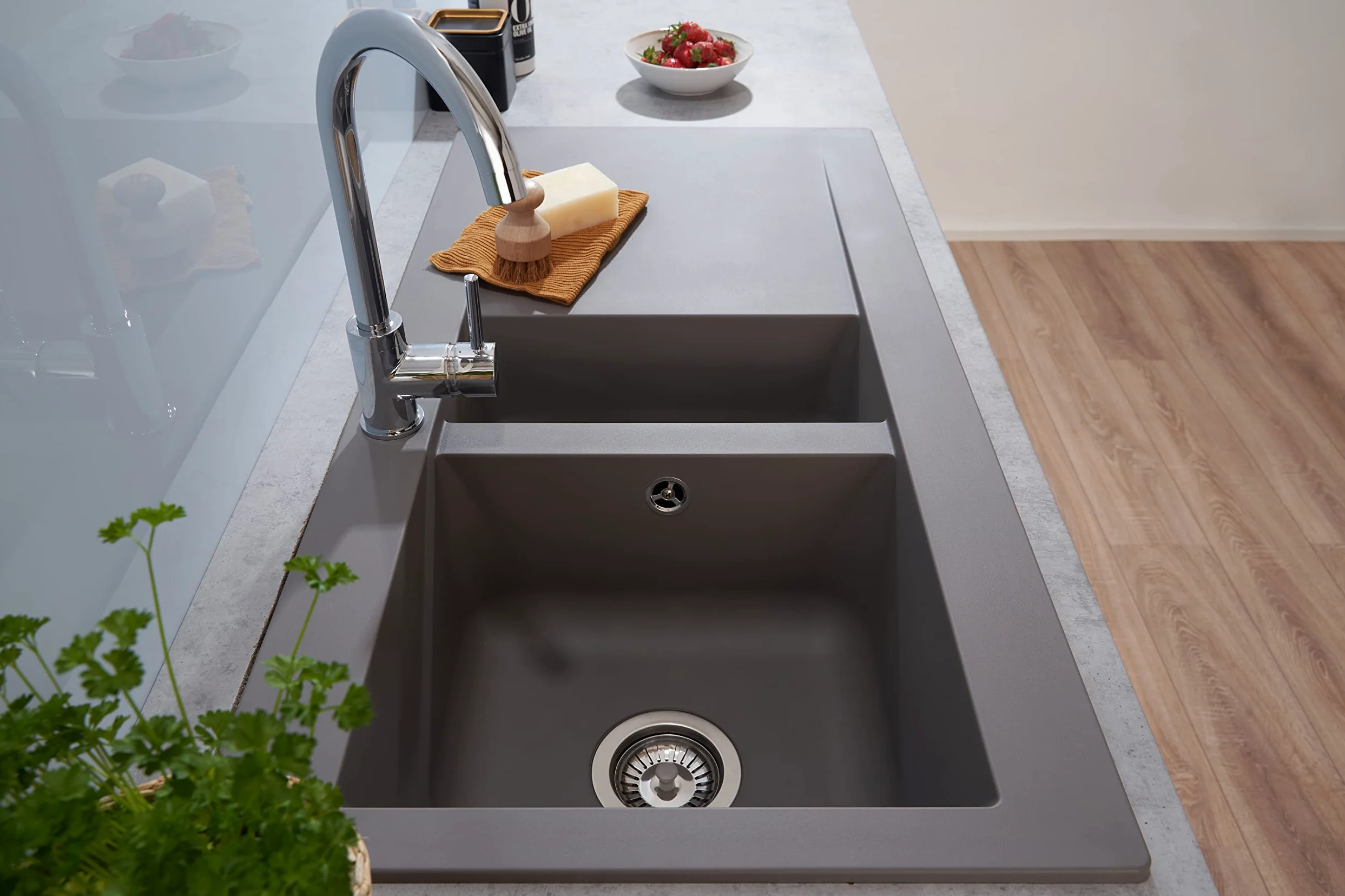 Respekta Lavello da Cucina Denver in Mineralite Color Grigio Cemento, Lavello da Incasso a 1,5 vasche, dimensioni 100 x 50 cm, Lavello Adatto per Mobili Sottolavello da 60 cm di Larghezza