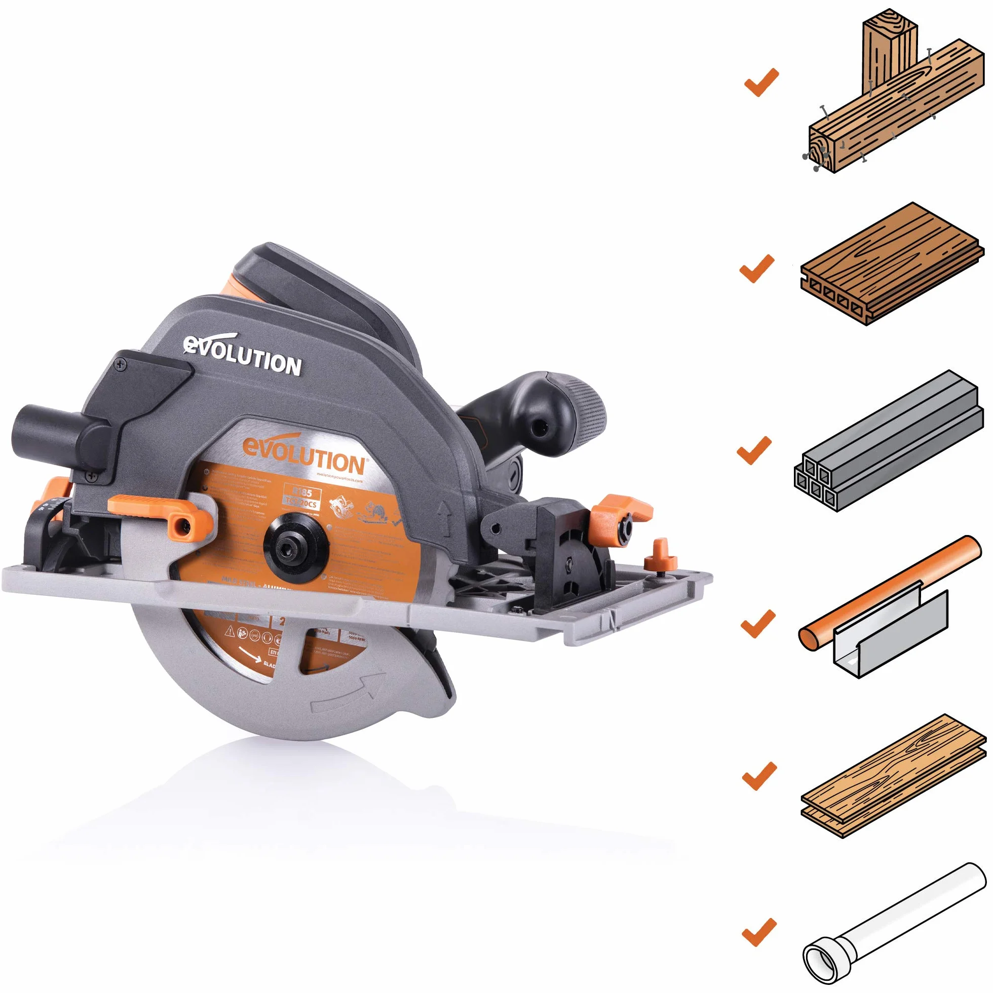 Evolution Power Tools - R185CCSX Sega Circolare Multi-Materiale 185 mm Compatibile con Binario Guida (Pacchetto Abbinato con Binario da 1020 mm Incluso), 230 V