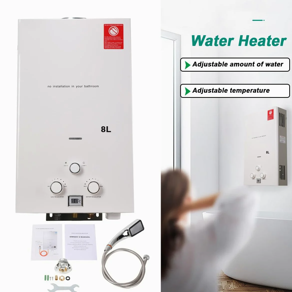 8L 16KW GPL Scaldabagno a Gas, Gas a Parete senza serbatoio Scaldabagno istantaneo,con kit doccia e Display a LED,con Modalità Inverno ed Estate,Per Casa, Camper ed Esterni,bianco