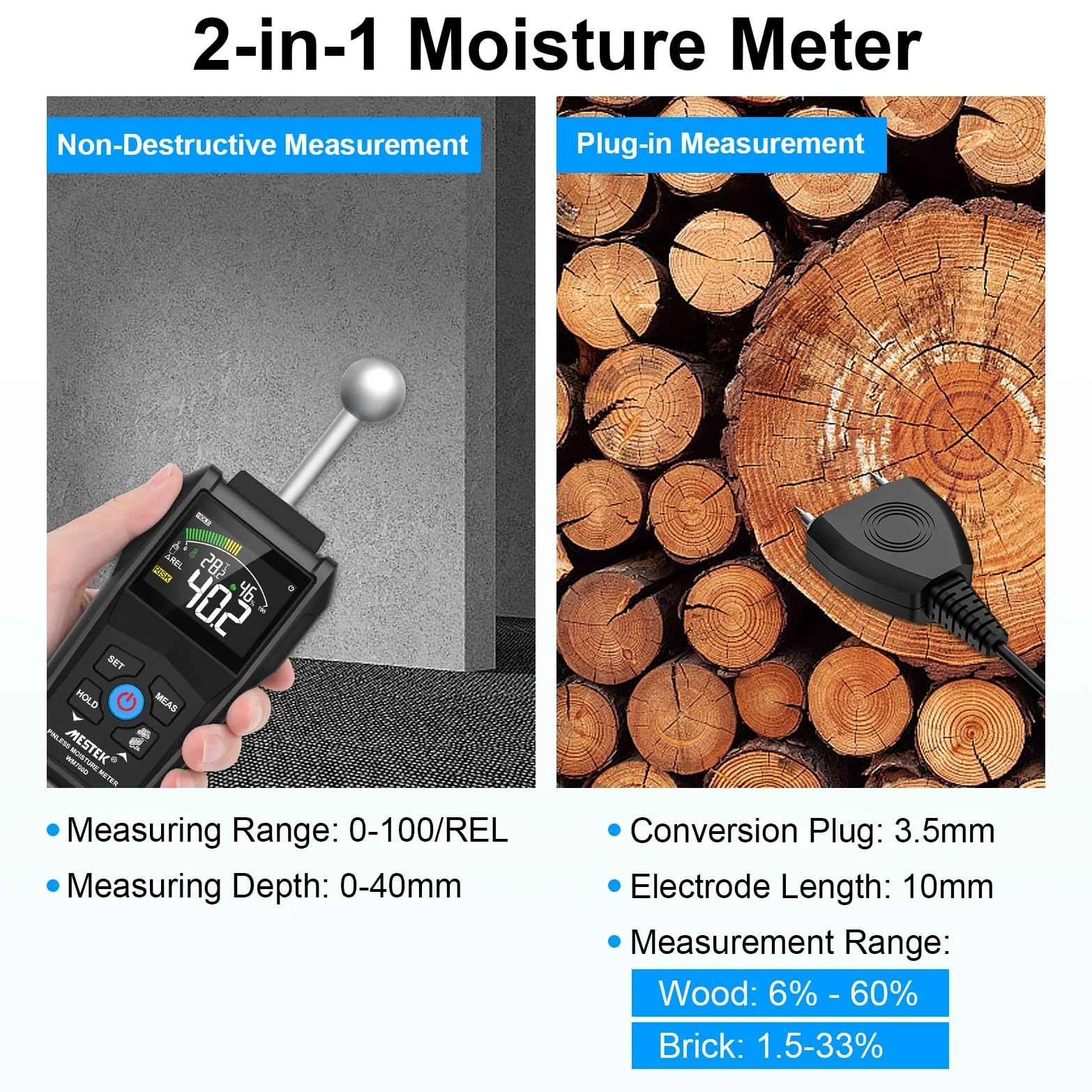 Misuratore di Umidità, MESTEK Igrometro,2 in 1 Misuratore Umidità Muri con LCD a Colori e Allarme Acustico, Profondità di Analisi 20-40 mm,per Legni, Parete, Pavimenti, Legno, Gesso