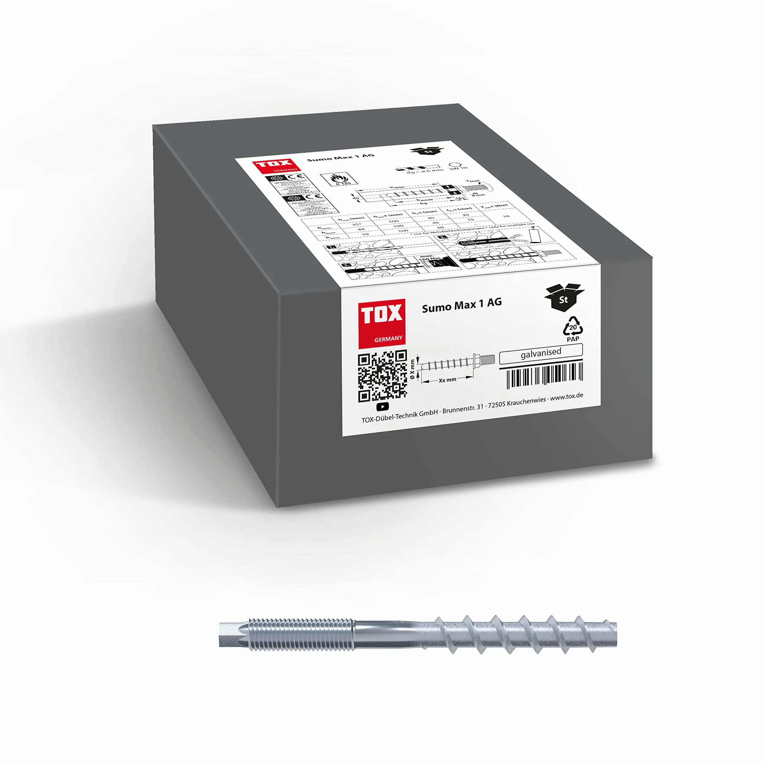 TOX Ancoraggio a vite Sumo Max 1 AG A4 10x140 mm, con filettatura di connessione M10, acciaio inox A4 per diverse profondità di installazione, approvato dalle autorità edilizie, 50 pezzi, 041171551