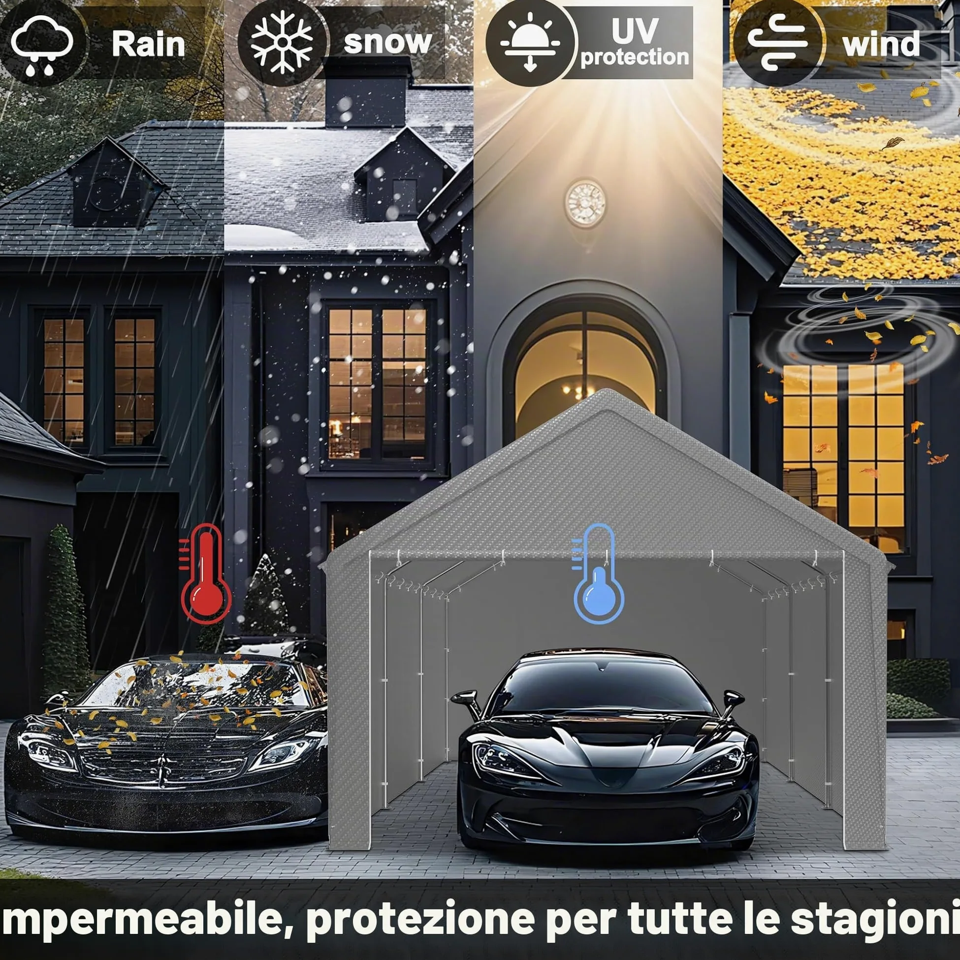 UISEBRT Tenda da magazzino, 4 x 6 m, impermeabile, con robusto telone in PE e telaio in acciaio, ideale come garage per attrezzi, attrezzi da giardino, pallet (grigio)