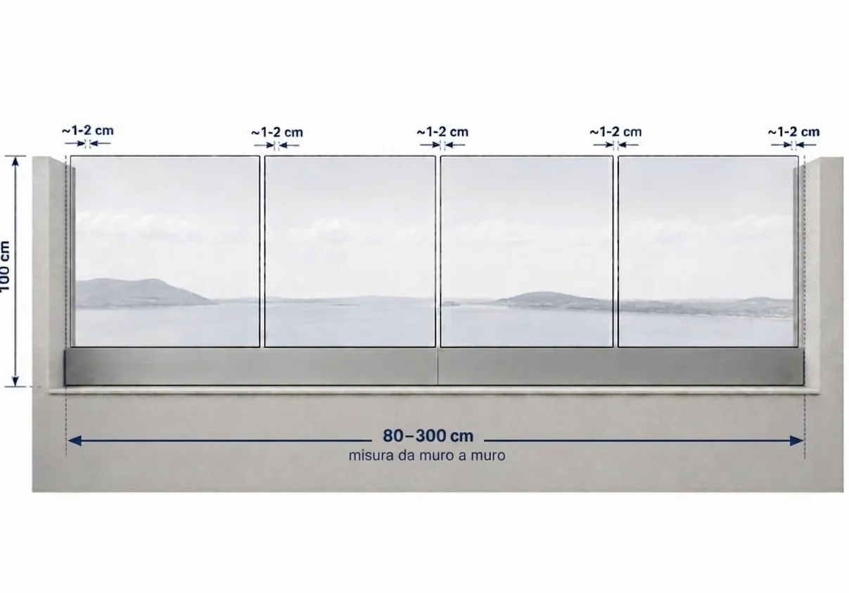 Parapetto in vetro larghezza 180 cm — 2 pannelli affiancati altezza h100 cm