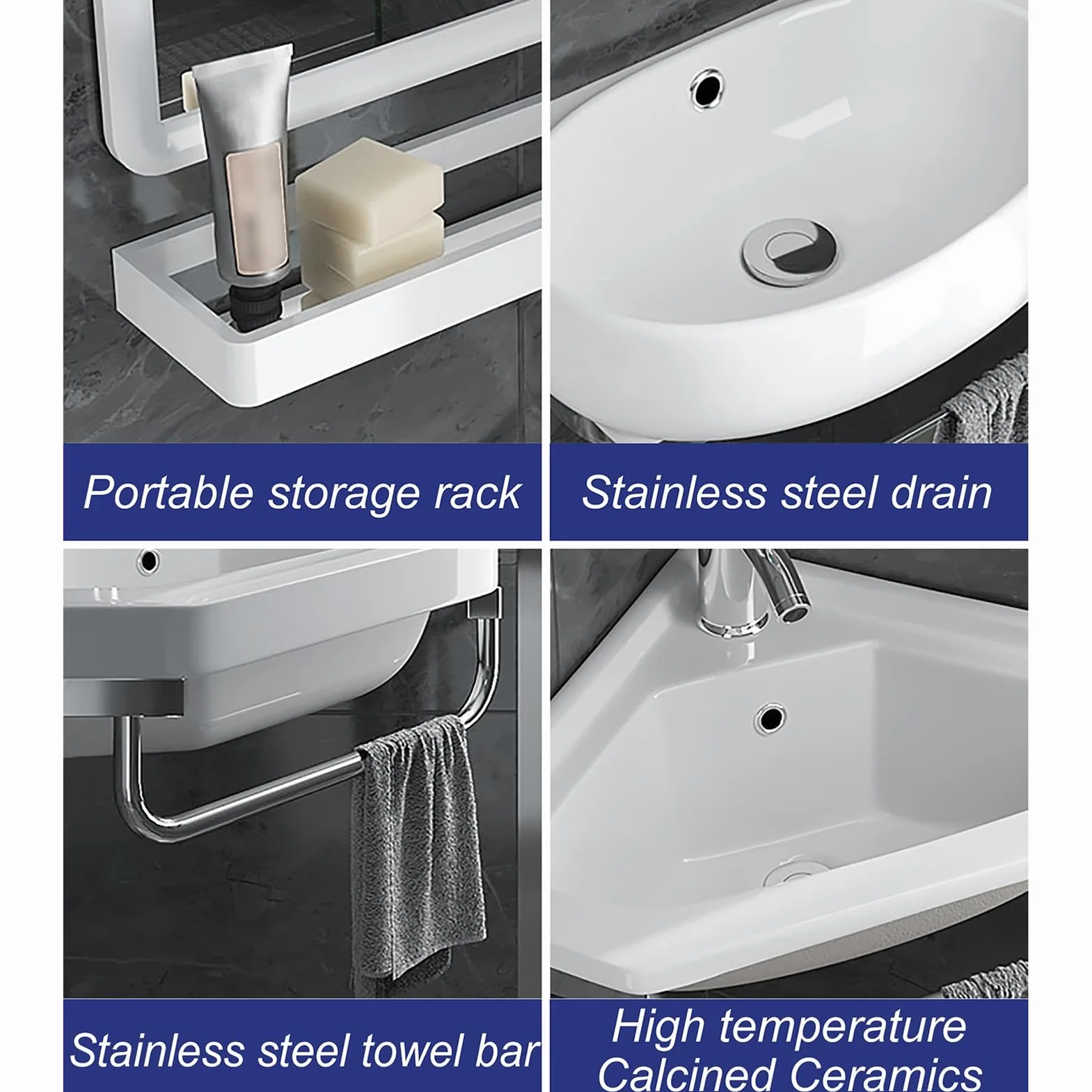 Lavello da bagno moderno ad angolo da 25,4 cm, piccolo lavabo da parete con rubinetto di scarico barra per asciugamani per cucina bagno fattoria