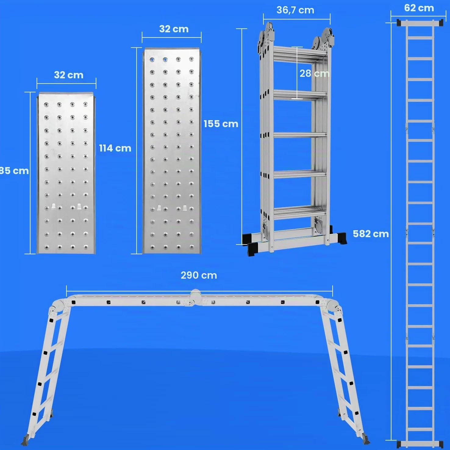 Scala multiuso in alluminio, 4 x 5, 582 cm, 7 in 1, pieghevole, per uso domestico