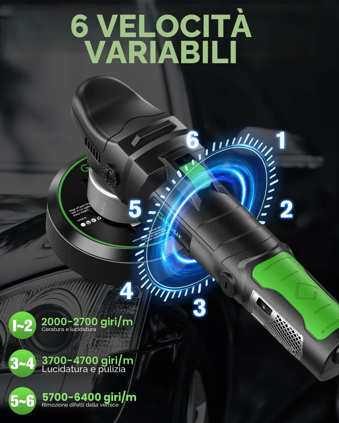Ginour Lucidatrice Rotorbitale 1050W per auto, 6 velocità regolabili (2000-6400 OPM), lucidatrice auto con impugnatura a D e maniglia laterale, platorello da 150 mm / 6 pollici
