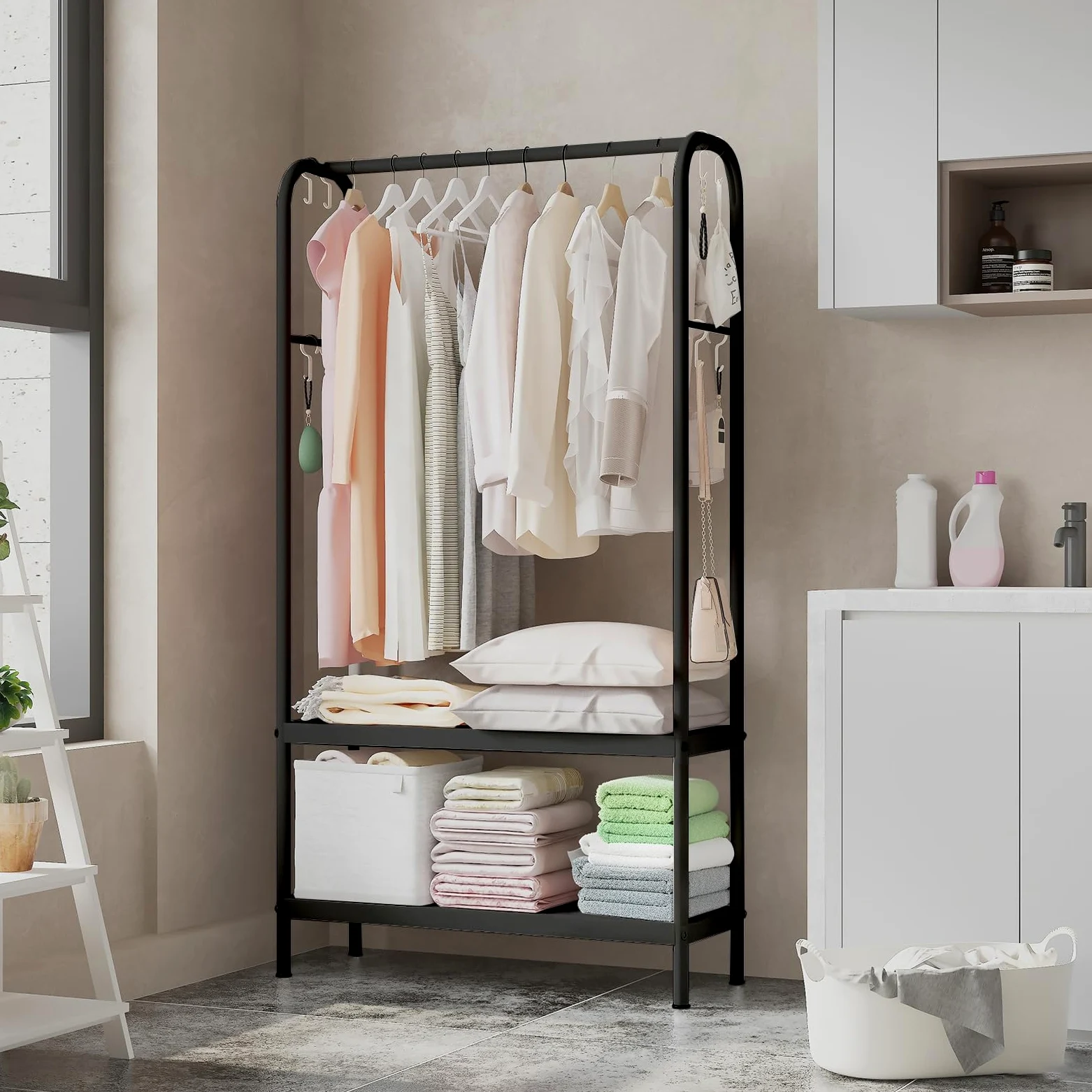 Zstar Appendiabiti in metallo per appendere vestiti, con ripiani a 2 livelli, 6 ganci, per negozio, camera da letto, spogliatoio, 80 x 33 x 172 cm, nero