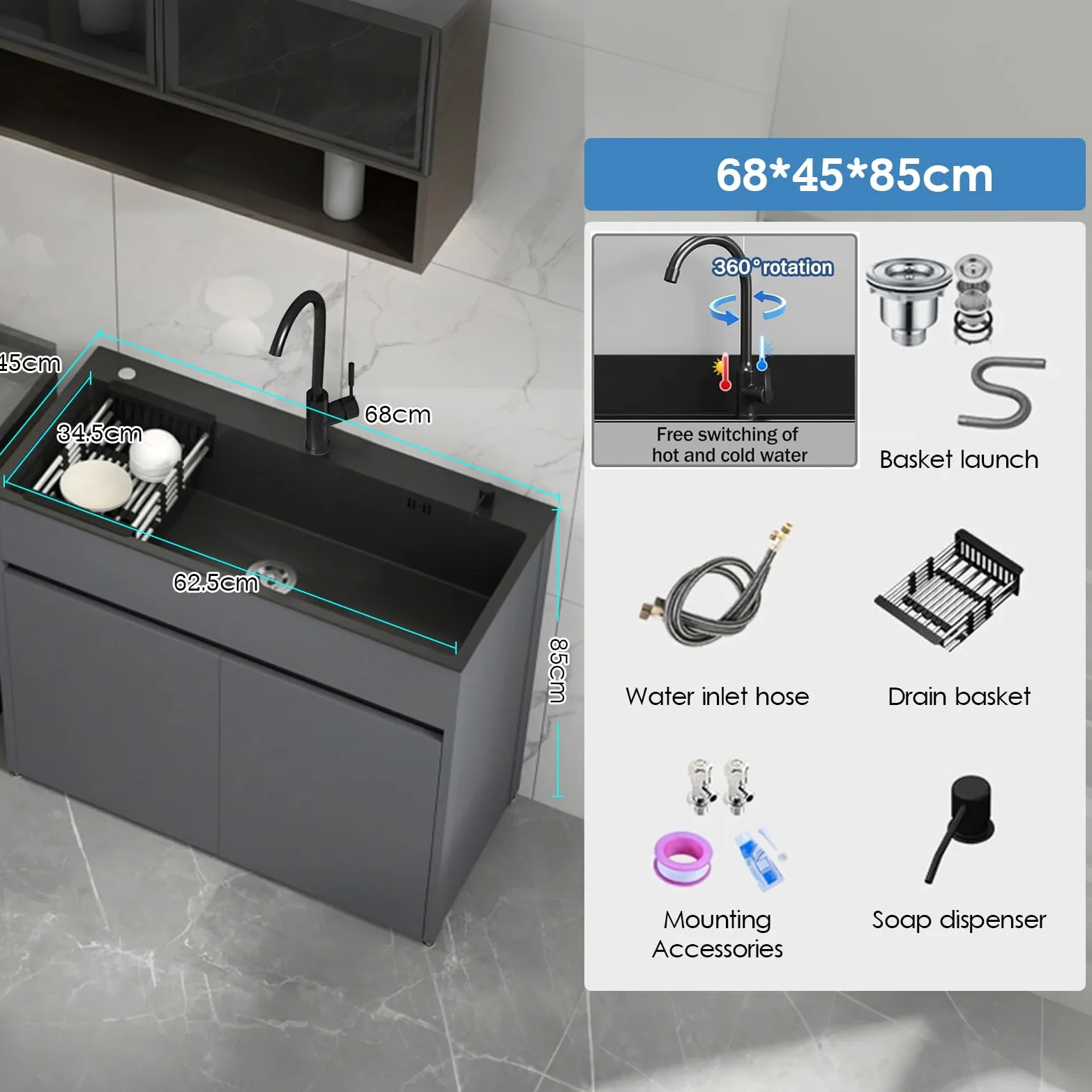 Mobile Lavello Autoportante in Alluminio a Nido d'Ape 68cm Lavandino in Acciaio Inox con Miscelatore Acqua Calda/Fredda e Dispenser Sapone, Mobiletto Salvaspazio per Esterno, Giardino e Garage