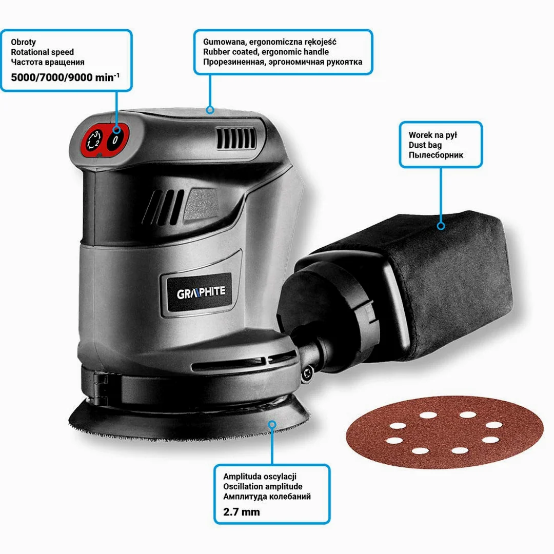 GRAPHITE Levigatrice eccentrica a batteria Energy+ 18V, platorello 125 mm, 5000/7000/9000 giri/min, 10000/14000/18000 giri/min, oscillazione 10000/14000/18000 giri/min, ampiezza di oscillazione 2,7 mm