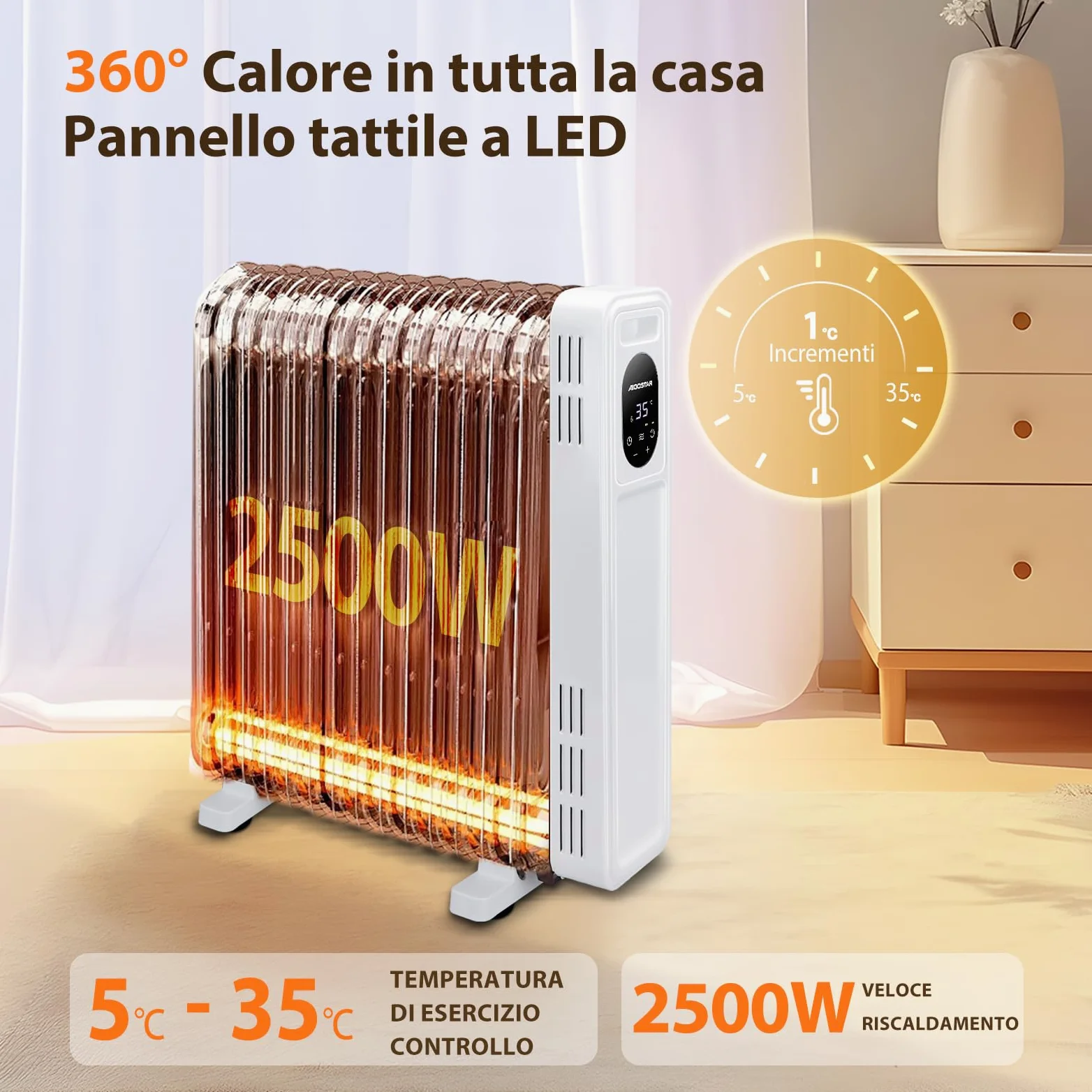 Aigostar Radiatore ad Olio 2500W, 13 Elementi Riscaldatore Elettrico Portatile, 3 Livelli di Calore, Modalità ECO, Timer 24H, Touch screen digitale, Telecomando, Hyperheat, Protezione Multipla, 60mq