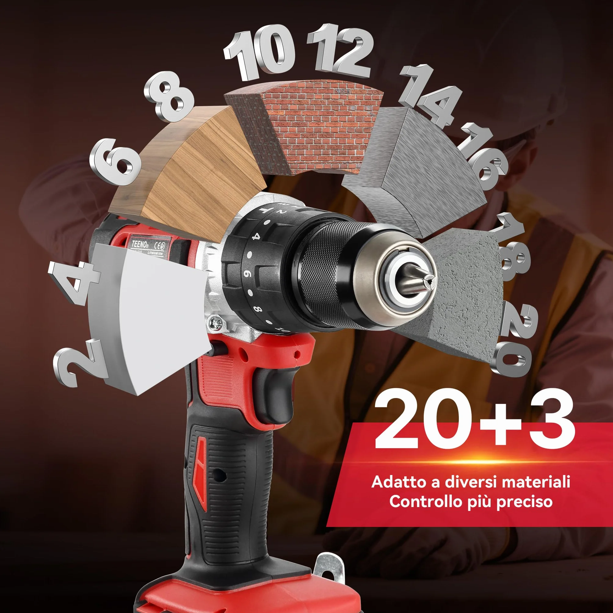 TEENO Kit di utensili 3 pezzi (avvitatore a impulsi senza fili + trapano a percussione + smerigliatrice angolare senza fili) 20V 2xbatteria 3Ah