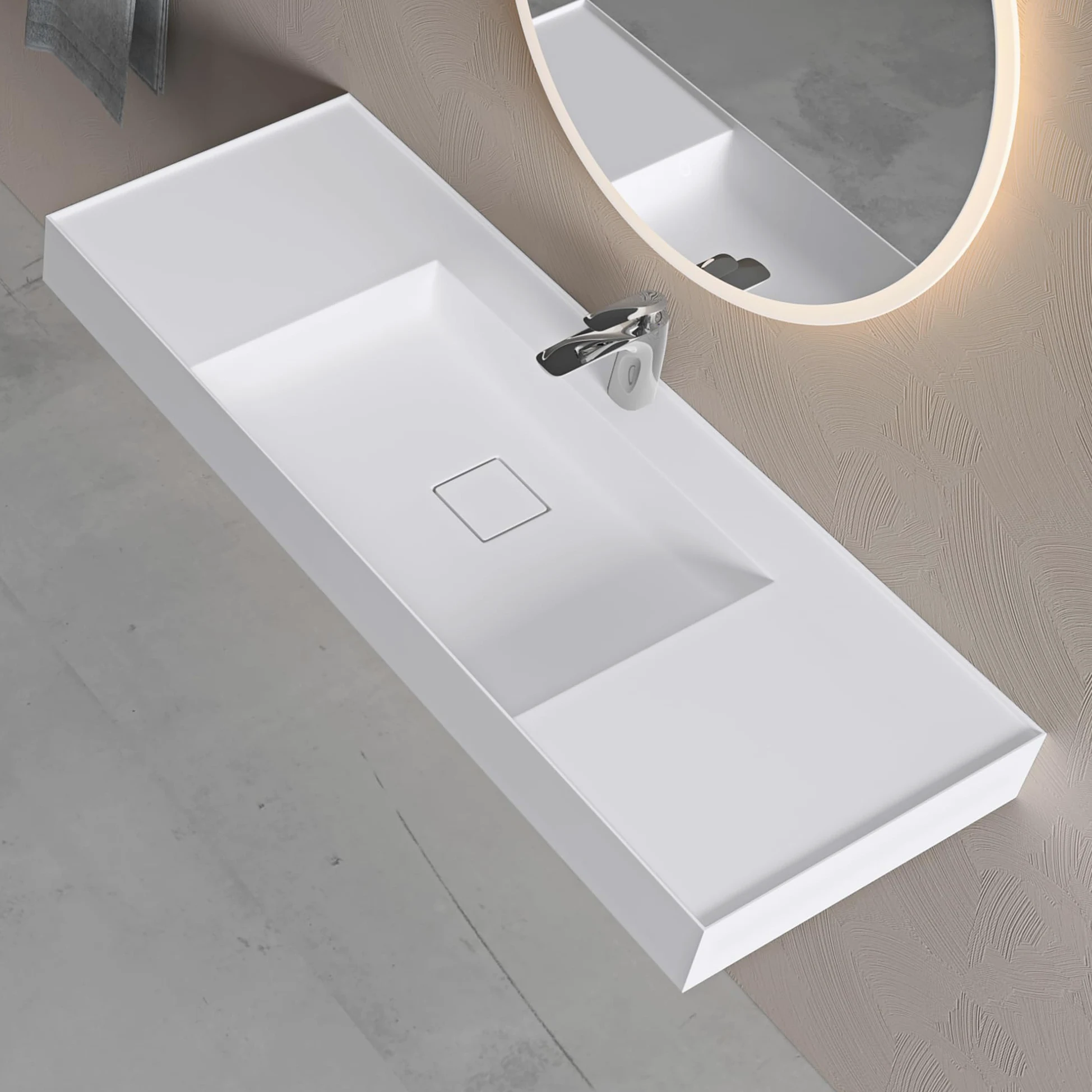 doporro Lavabo Bagno Sospeso 120 cm Rettangolare in Resina Bianco Opaco con Vasca Integrata Centrale e Piletta Inclusa – Colossum630