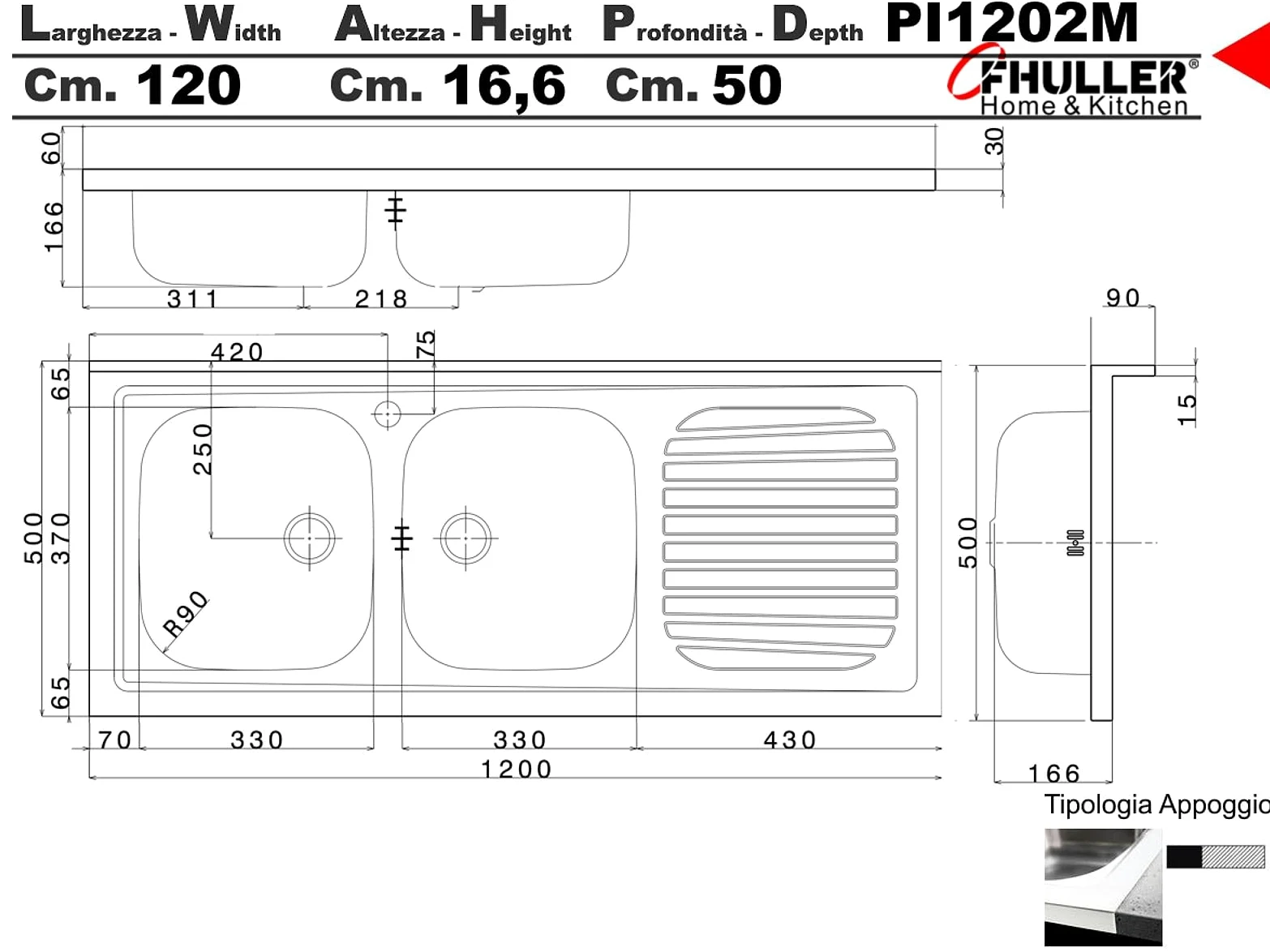 Lavello FHULLER Monostampo Da Appoggio 120X50 In Acciaio Inox AISI 304 Con Due Vasche a DESTRA e Gocciolatoio a SINISTRA Per Sottolavello da 120 Cucina Componibile Modello Pisa PI1202MLPC
