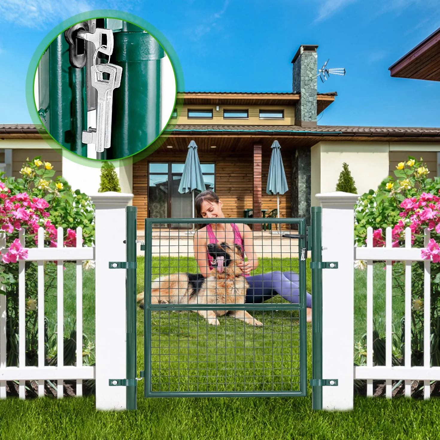 Daromigo Cancello da giardino, 150 x 100 cm, robusto, in acciaio zincato, per recinzione da giardino, con manico, serratura e 3 chiavi, colore: verde