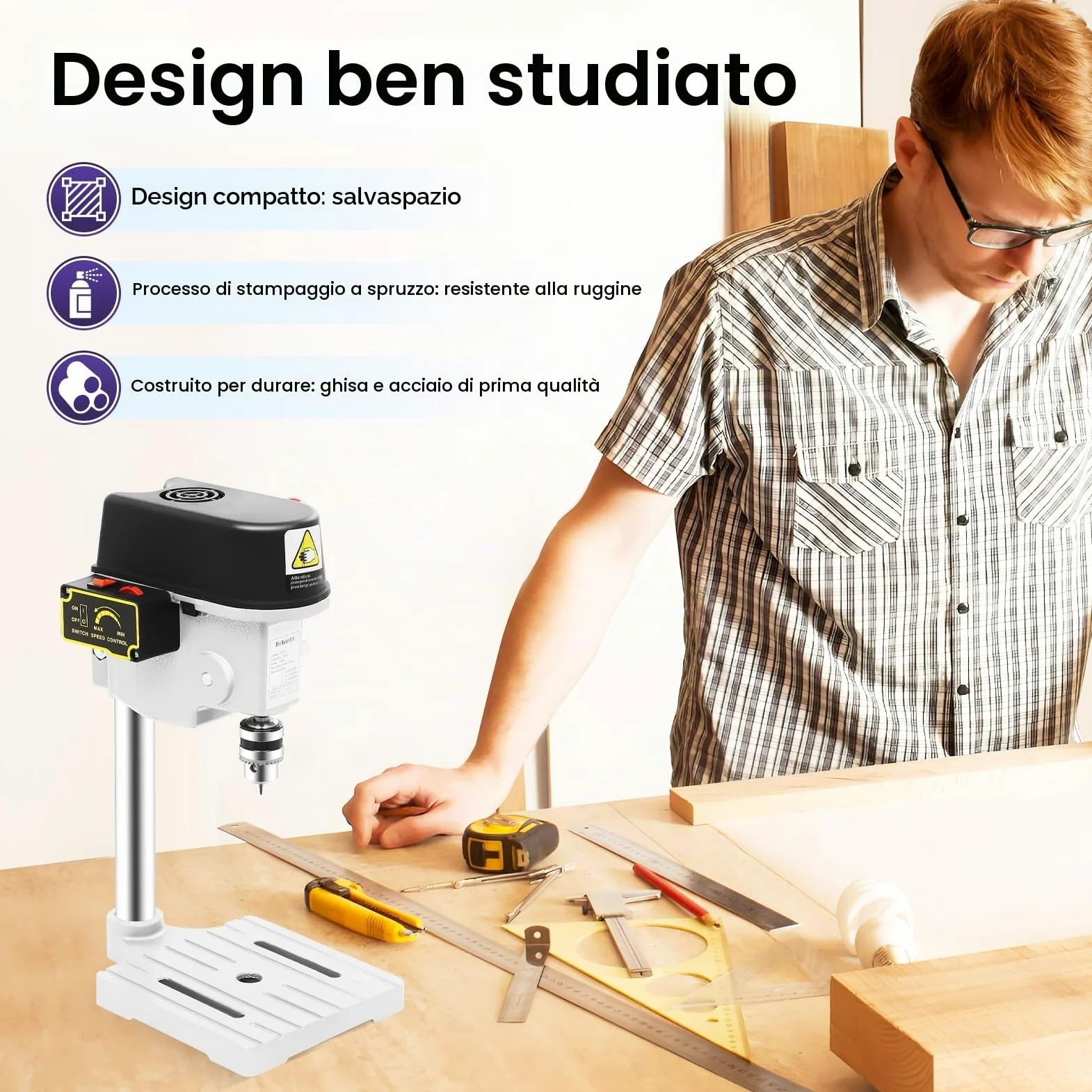 Mini trapano a colonna, 340 W, trapano da banco, con cavo, portatile, con velocità completamente regolabile, per la perforazione di ferro, materiali compositi e altri materiali non duri