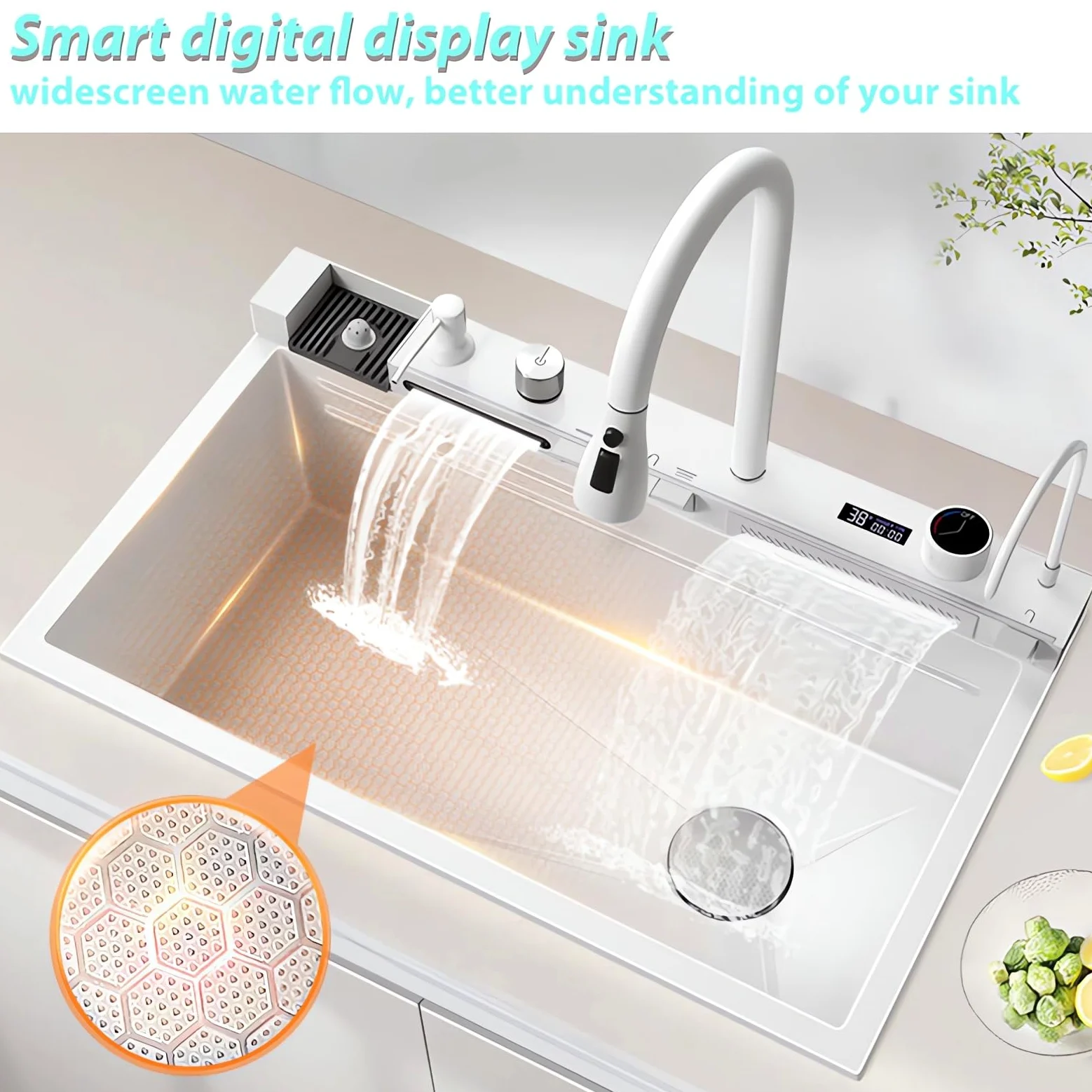 Lavello da cucina multifunzionale, lavello da cucina nero 1 vasca con sgocciolatoio 85x50 cm, lavello moderno a cascata, adatto per cucina, bar (Bianco, 80X45CM)