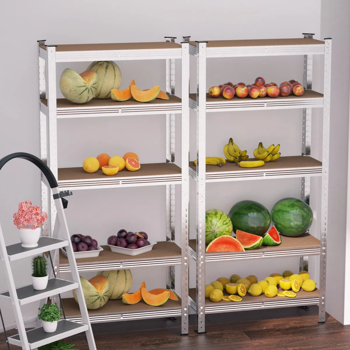 Scaffalatura per garage a 5 ripiani, resistente, 150 x 70 x 30 cm, in metallo, capacità 875 kg, montaggio senza bulloni, versatile, per officina, cucina, soggiorno, scaffali multiuso