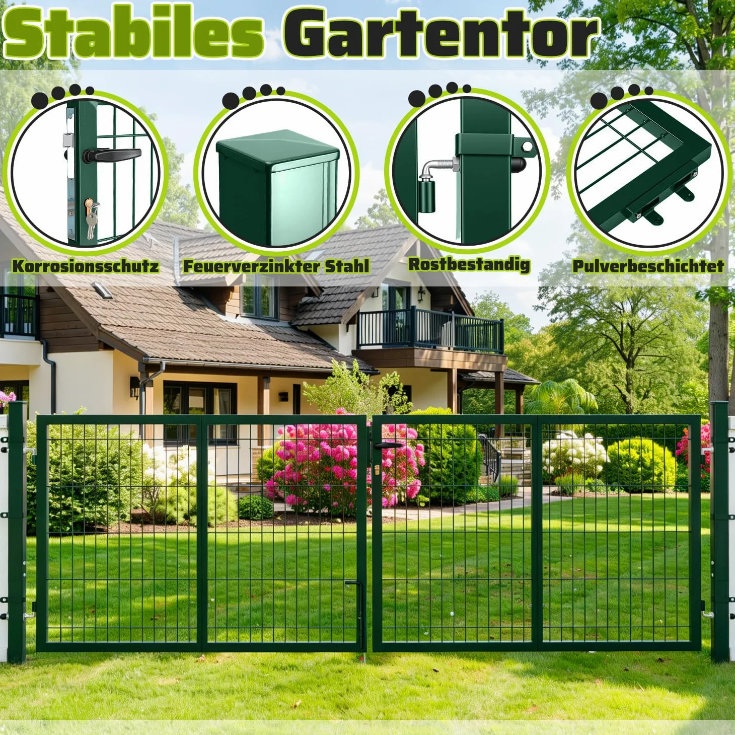Cancello da giardino in metallo, cancelletto a doppio battente, 300x100 cm, tubo quadrato, patchwork, per aree residenziali/giardini, per recinzioni in rete (Verde).