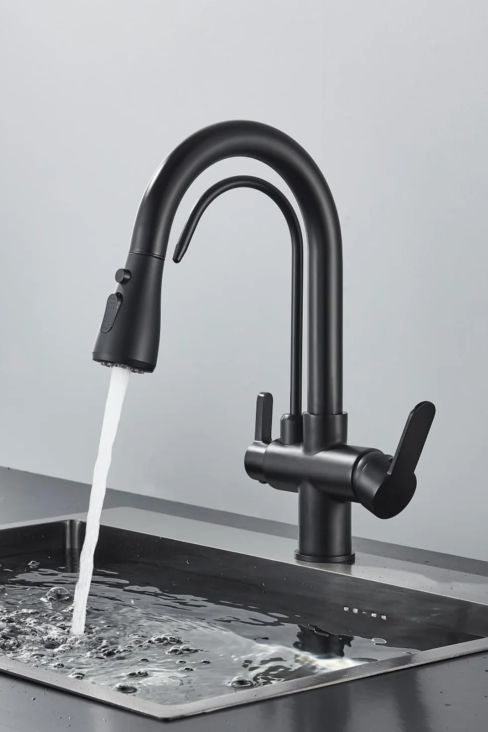 Nordic - Rubinetto da cucina a 3 vie, con collegamento filtro dell'acqua, doccetta estraibile, girevole a 360°, vie d'acqua separate, 2 tipi di getto, cartuccia in ceramica, nero opaco