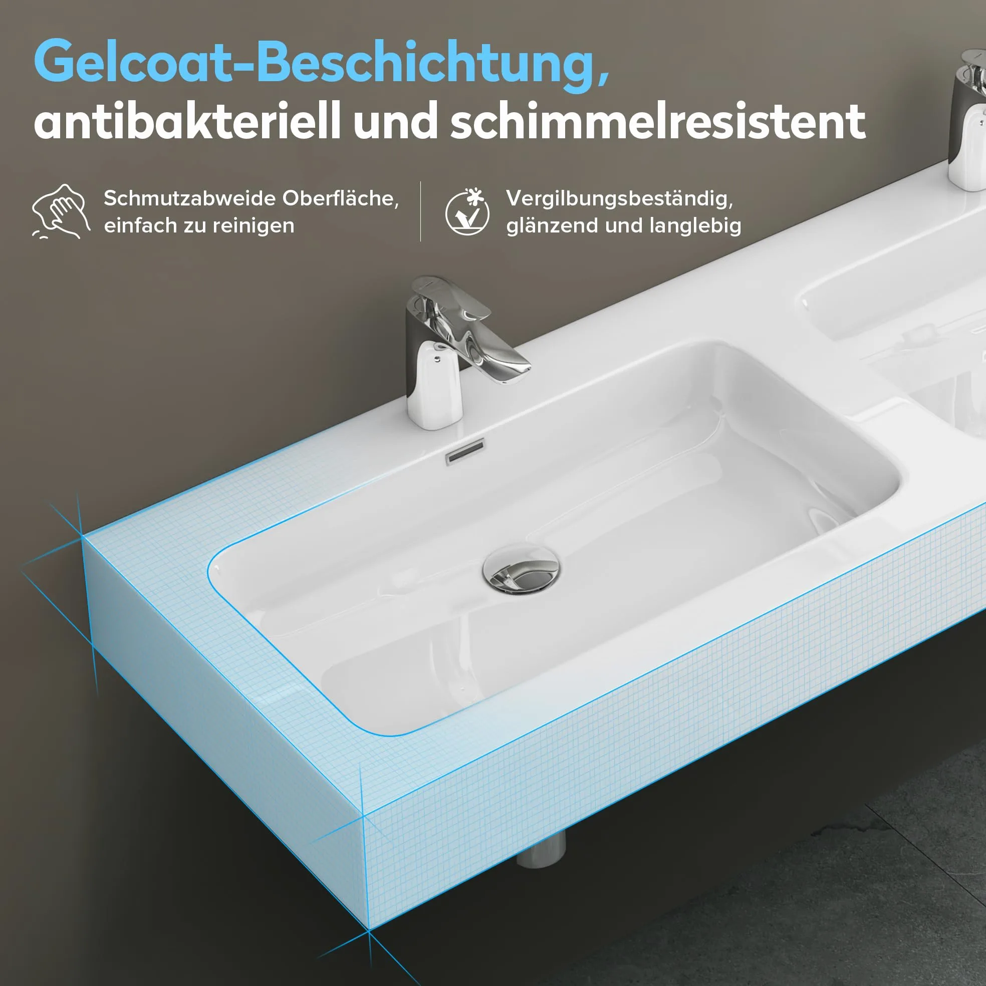 doporro Lavabo da Appoggio, Lavandino Bagno 140x48x13cm, Lavabo da Minerale Fuso Colossum830, due Fori per la Rubinetteria, Bianco Lucido