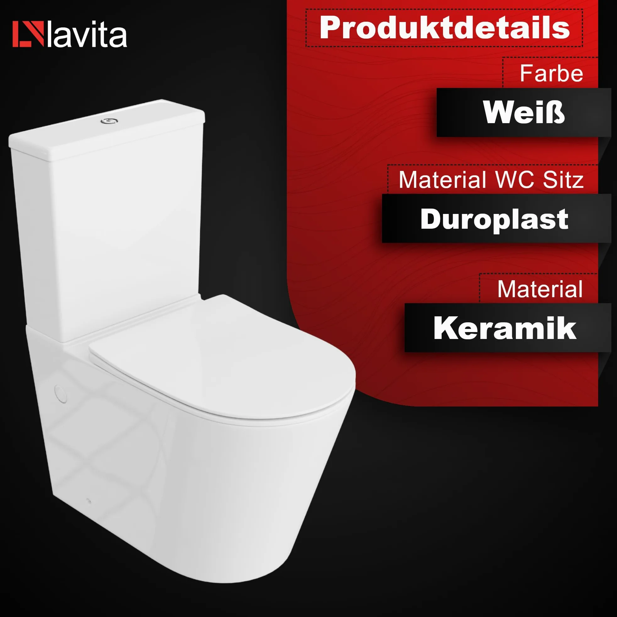 LAVITA WC monoblocco con cassetta di scarico integrata ANTON WHITE Set completo WC con coperchio con chiusura automatica WC in ceramica senza brida Sistema di scarico TORNADO
