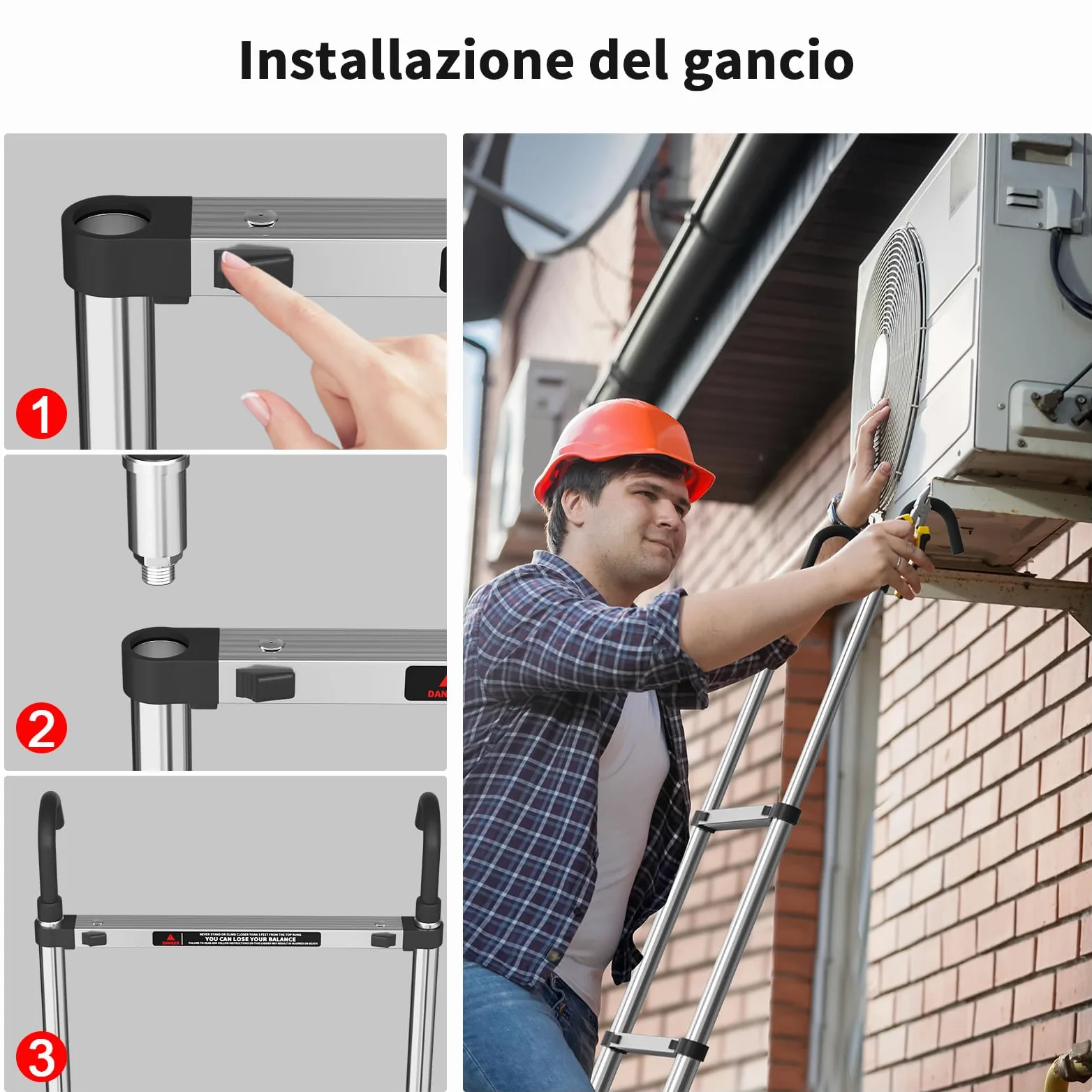 Scala Telescopica 5 Metri con Gancio, Scala Pieghevole Portatile con Piedini Antiscivolo, Estensibile & Altezza Regolabili, Scale Allungabile per Casa, Giardino, Coperture e Camper